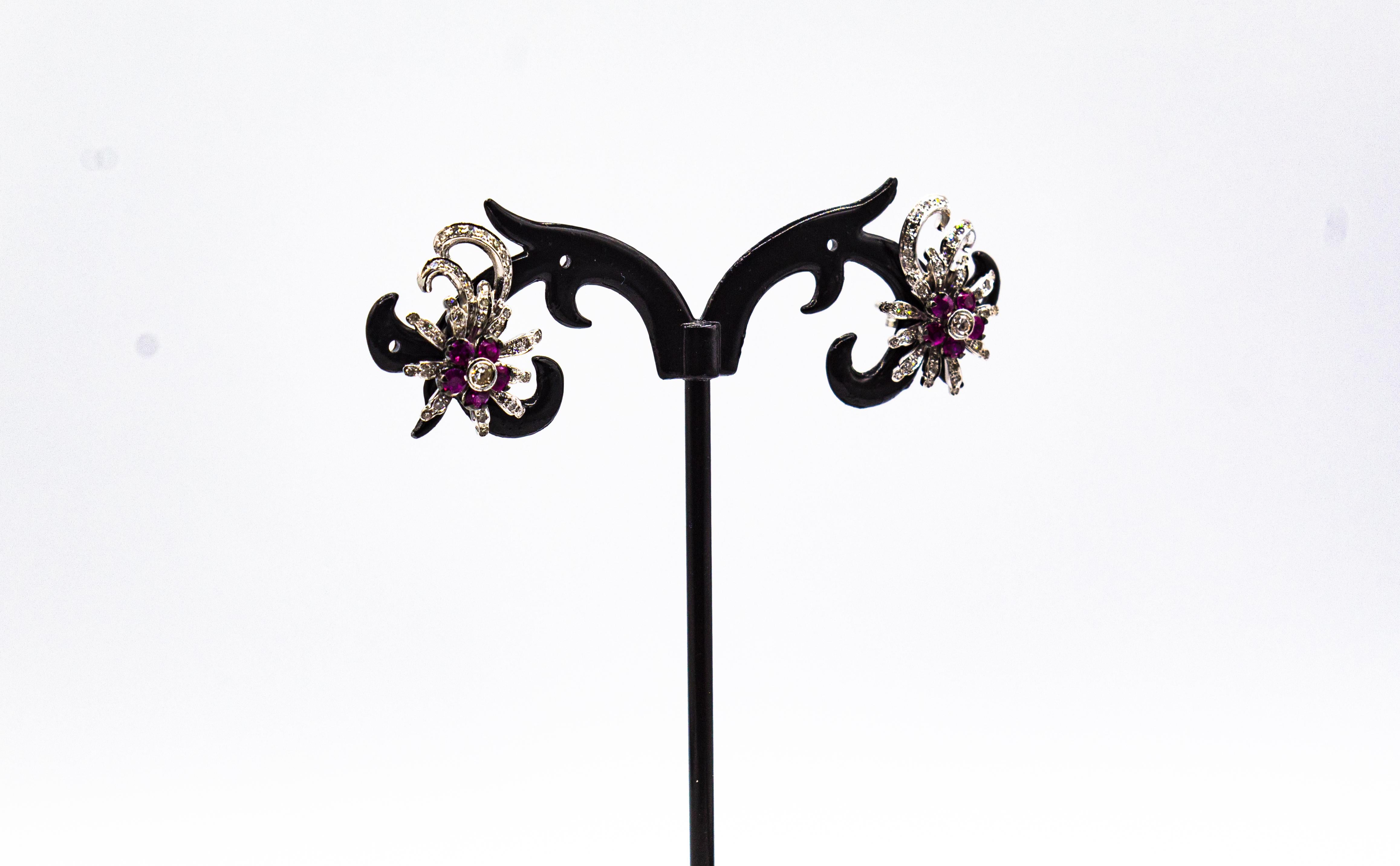 Boucles d'oreilles en or blanc avec plaque de zircon et de rubis de style Art Nouveau en vente 7