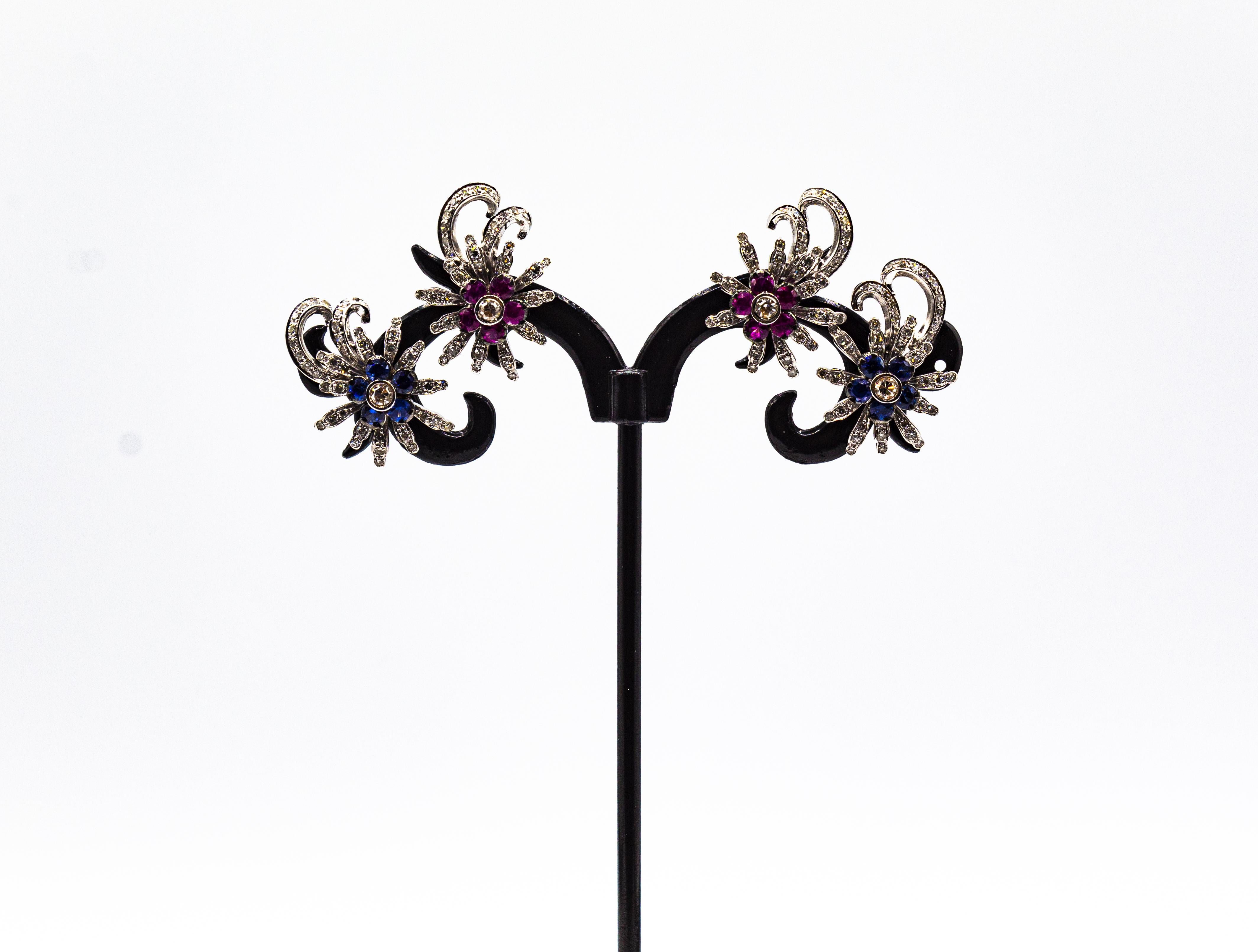 Art déco Boucles d'oreilles en or blanc avec plaque de zircon et de rubis de style Art Nouveau en vente