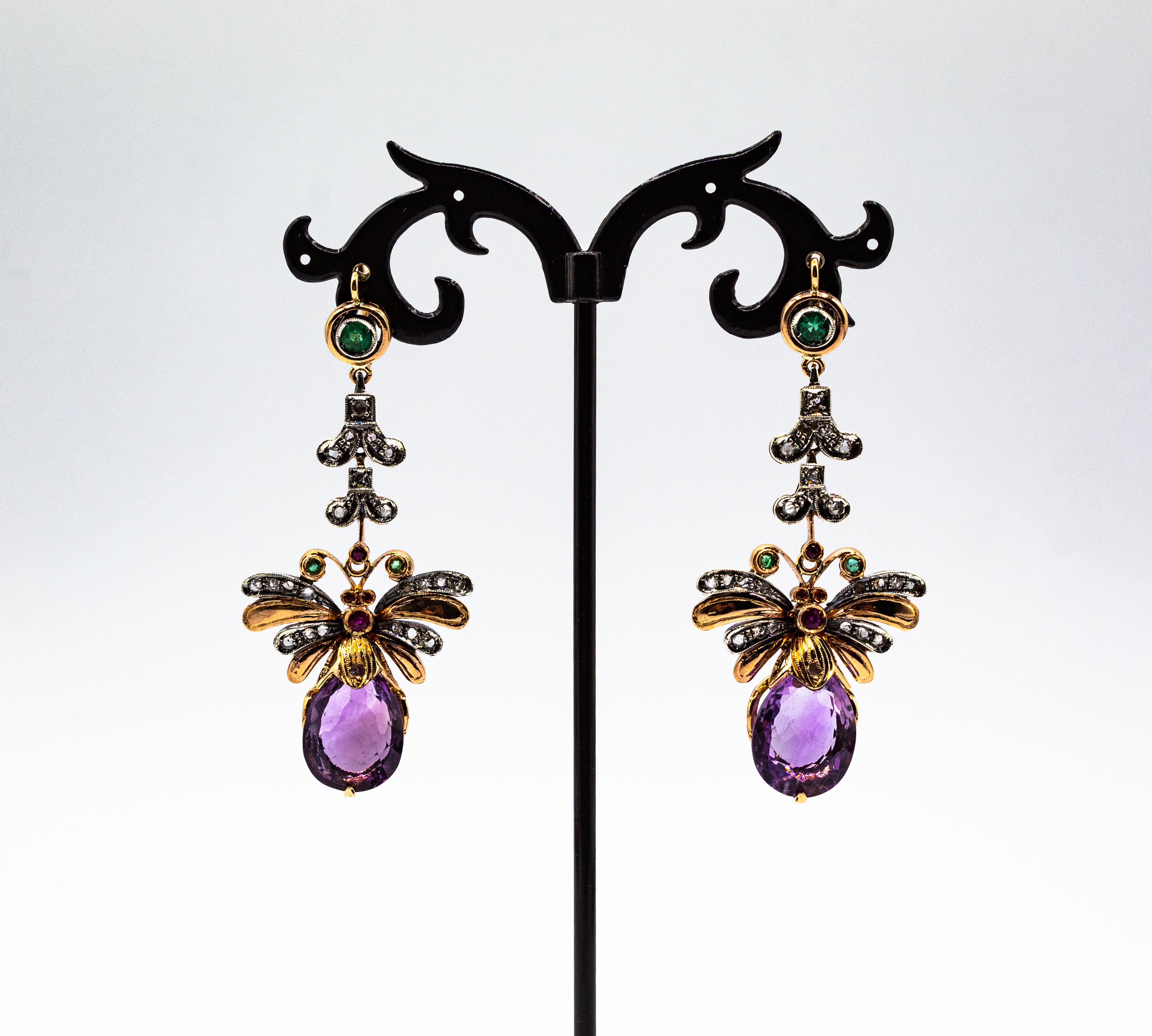 Rose Cut Art Nouveau Style White Diamond Amethyst Emerald Ruby Yellow Gold Drop Earrings For Sale