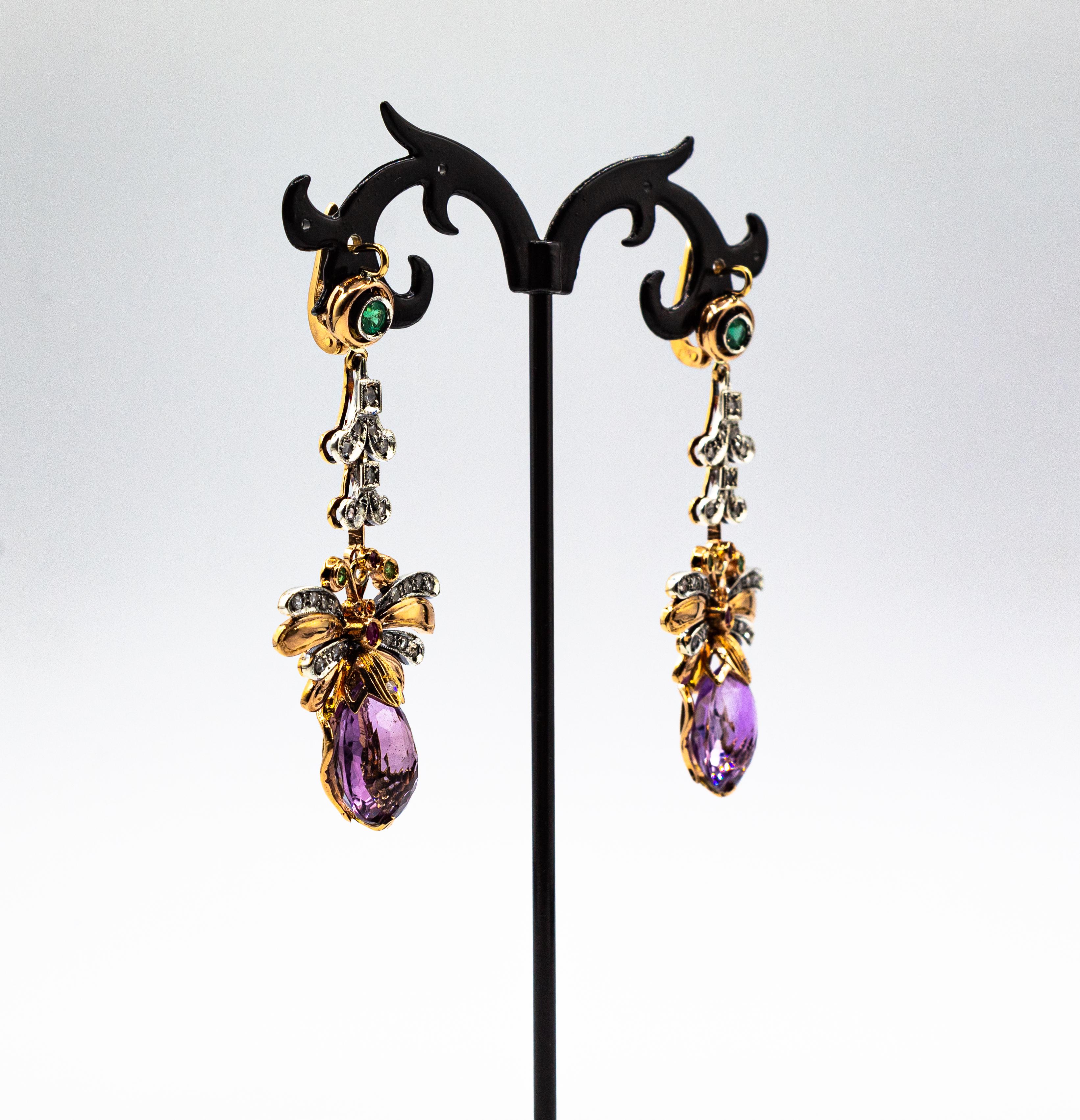 Art Nouveau Style White Diamond Amethyst Emerald Ruby Yellow Gold Drop Earrings In New Condition For Sale In Naples, IT