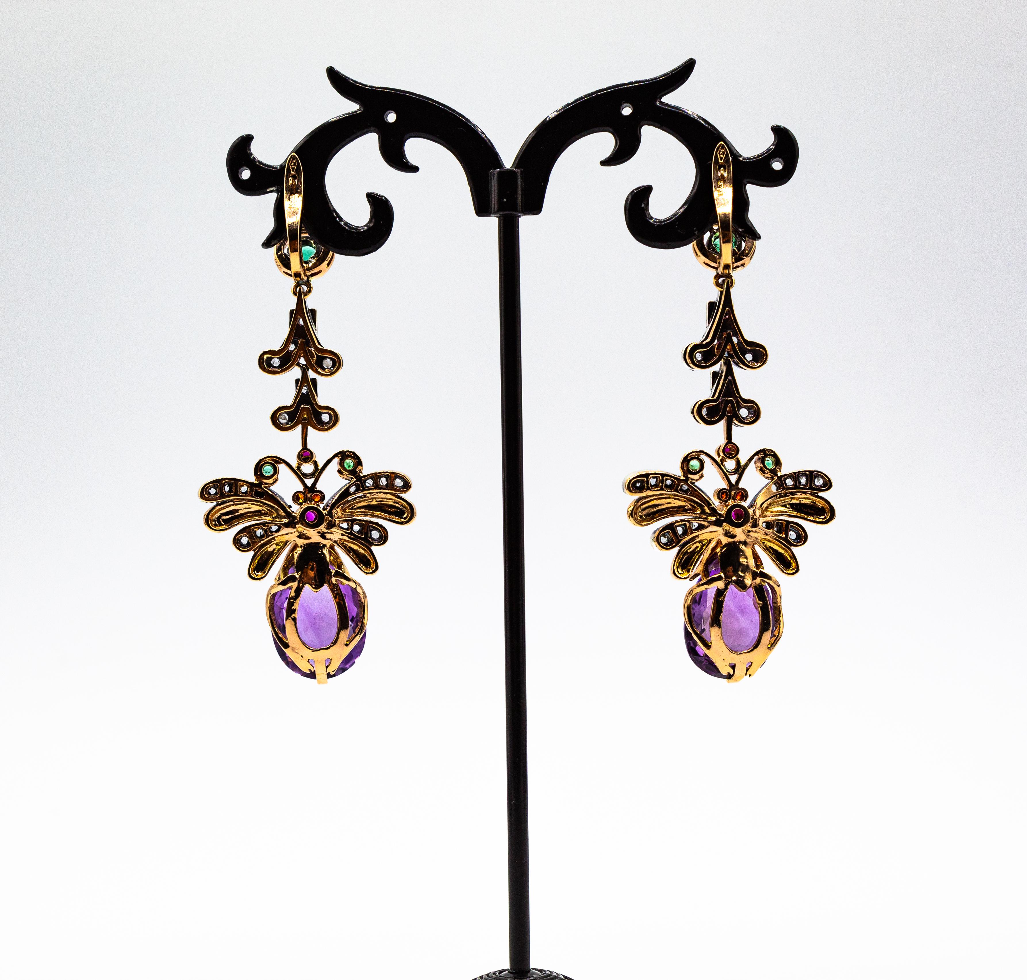 Women's or Men's Art Nouveau Style White Diamond Amethyst Emerald Ruby Yellow Gold Drop Earrings For Sale