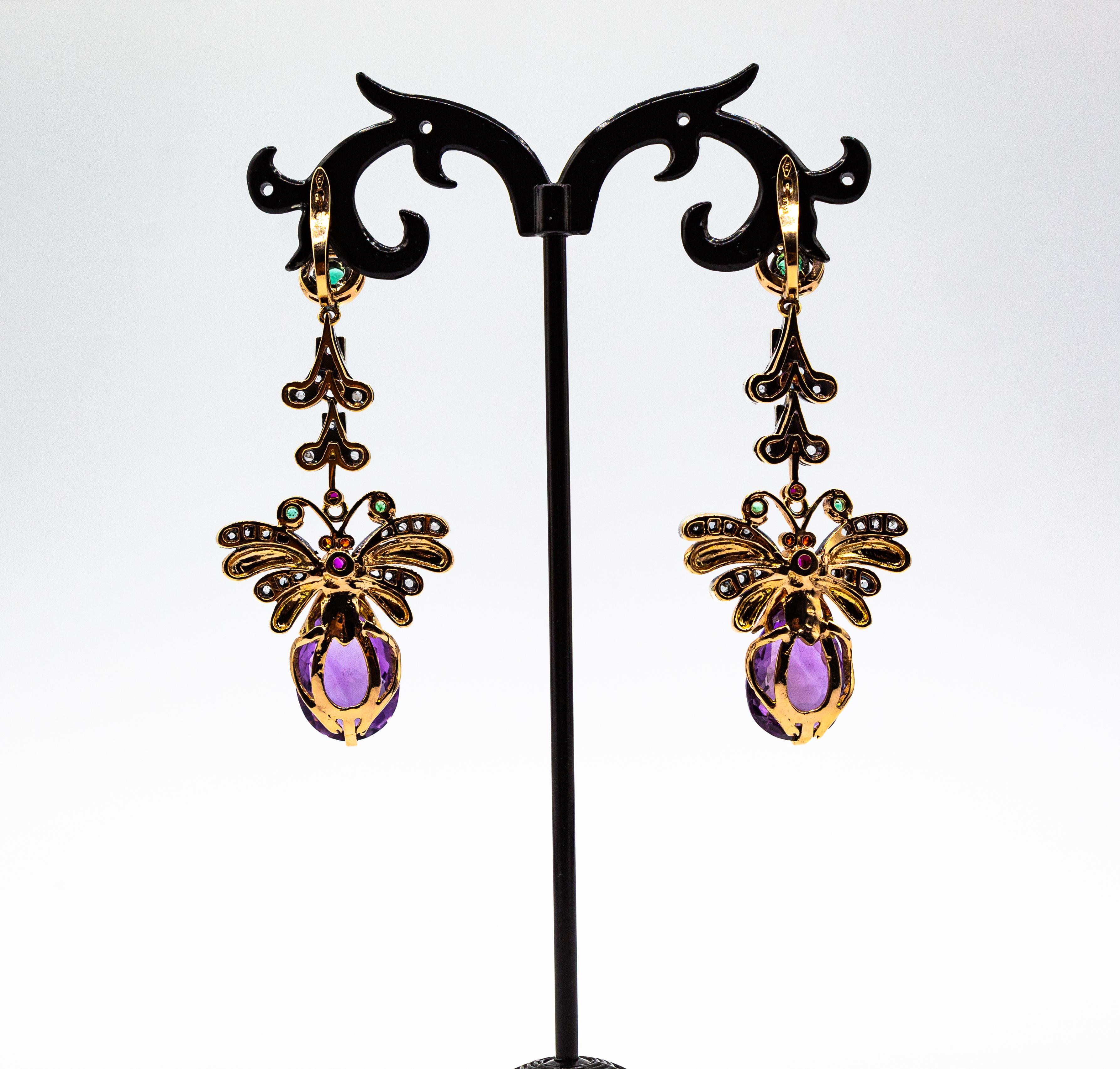 da uomo o donna Orecchini a goccia in stile Art Nouveau in oro giallo con diamante bianco e ametista e smeraldo e rubino in vendita