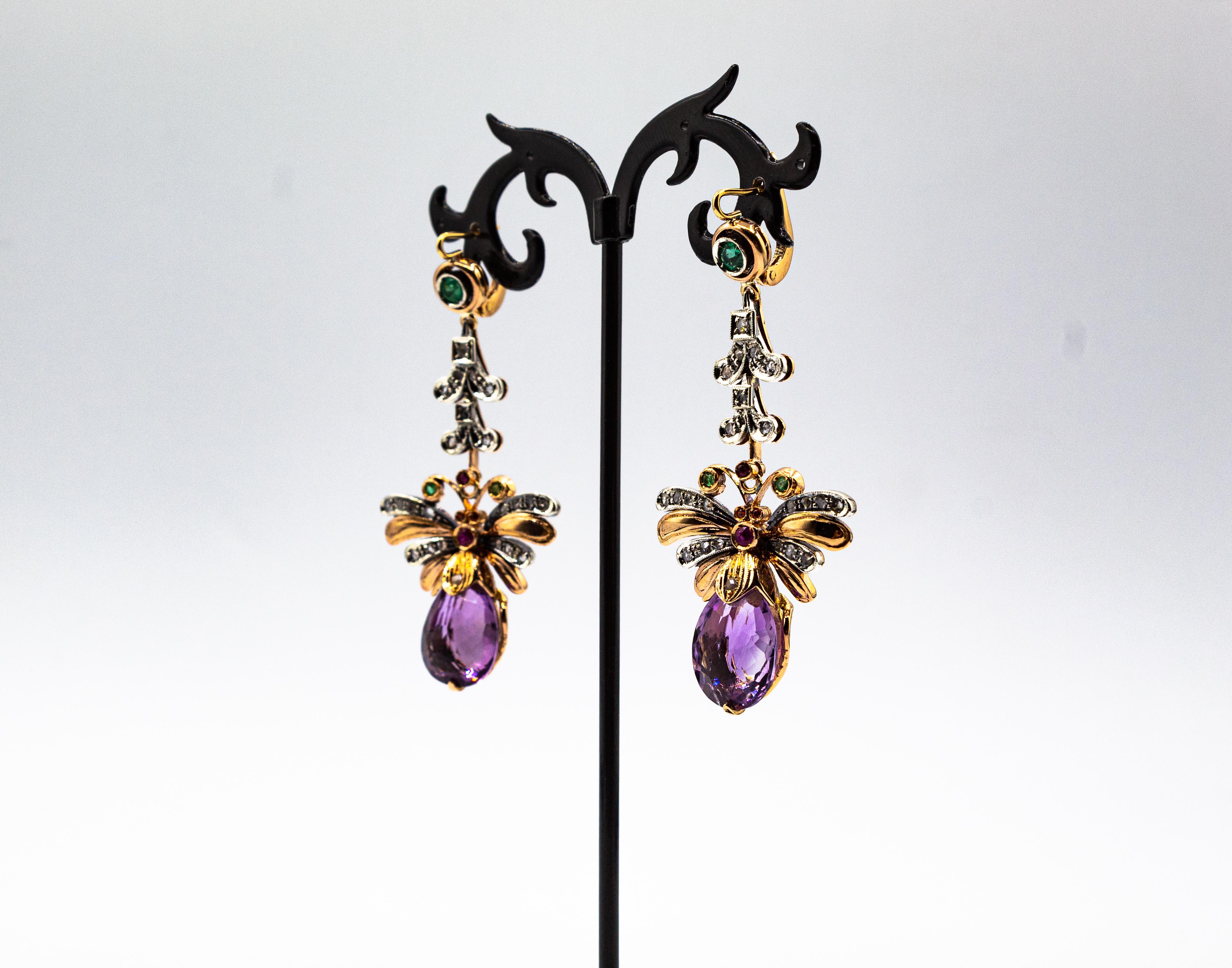 Art Nouveau Style White Diamond Amethyst Emerald Ruby Yellow Gold Drop Earrings For Sale 1
