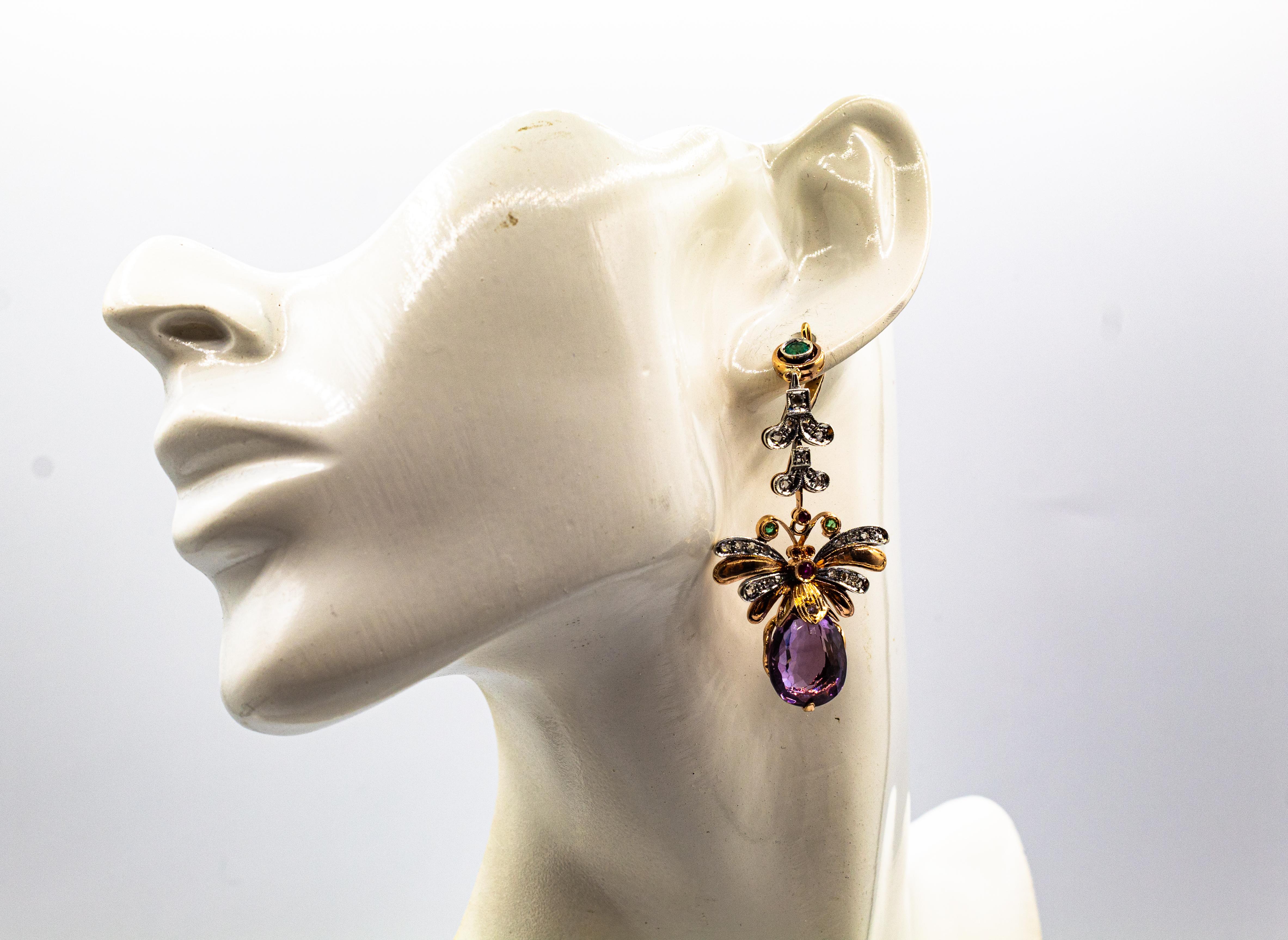 Art Nouveau Style White Diamond Amethyst Emerald Ruby Yellow Gold Drop Earrings For Sale 2