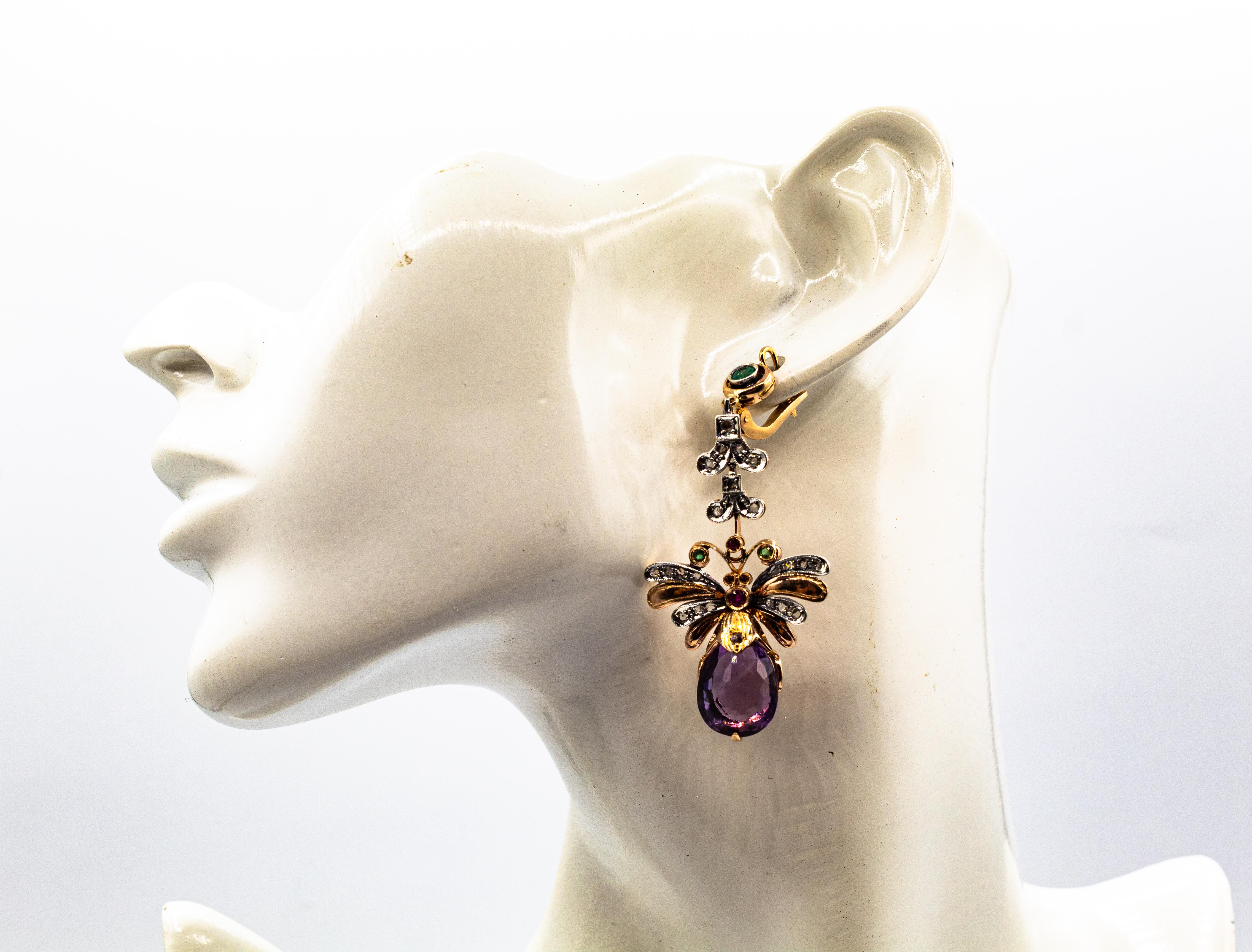 Art Nouveau Style White Diamond Amethyst Emerald Ruby Yellow Gold Drop Earrings For Sale 3