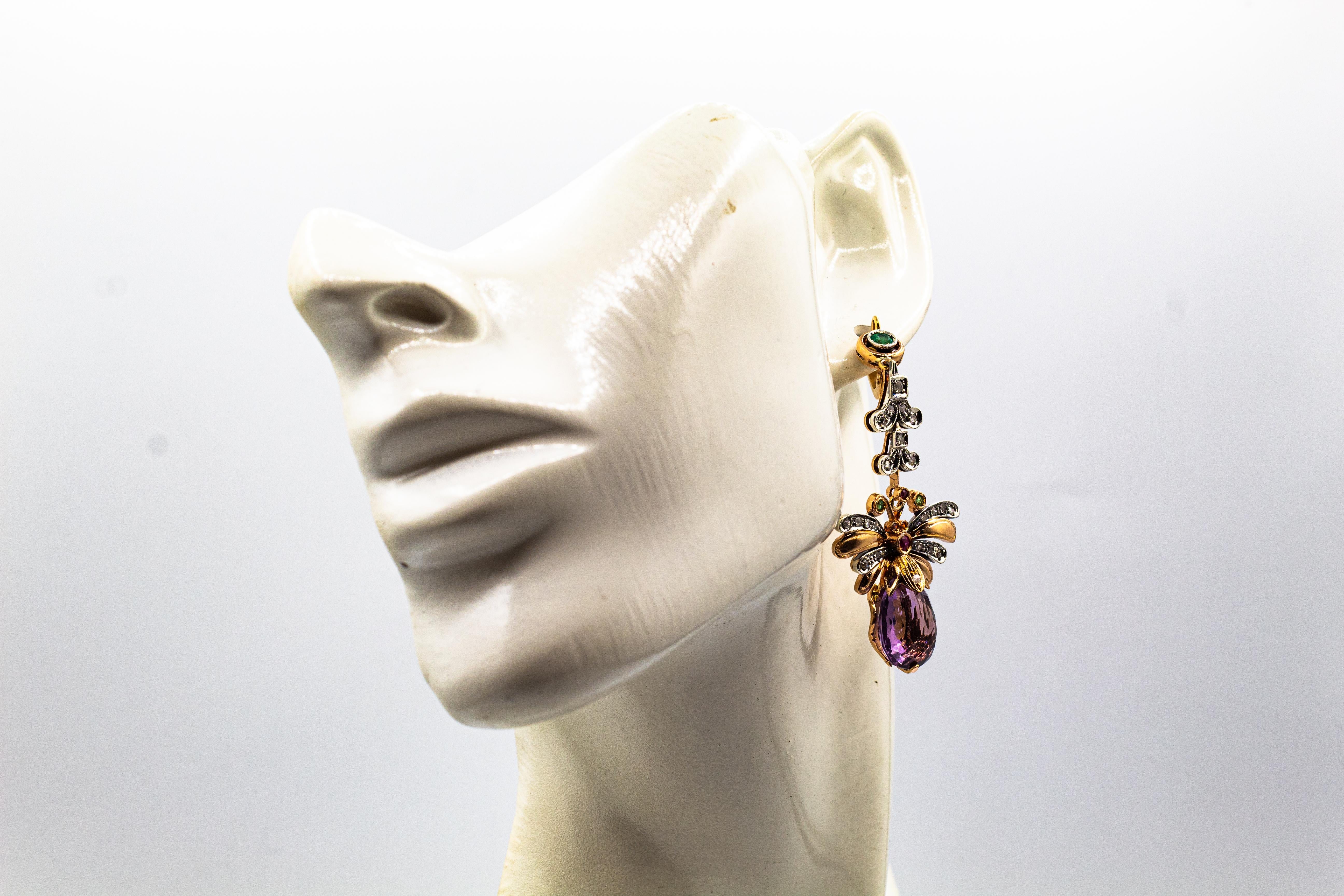 Art Nouveau Style White Diamond Amethyst Emerald Ruby Yellow Gold Drop Earrings For Sale 4
