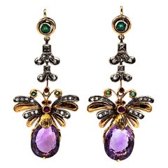 Art Nouveau Style White Diamond Amethyst Emerald Ruby Yellow Gold Drop Earrings