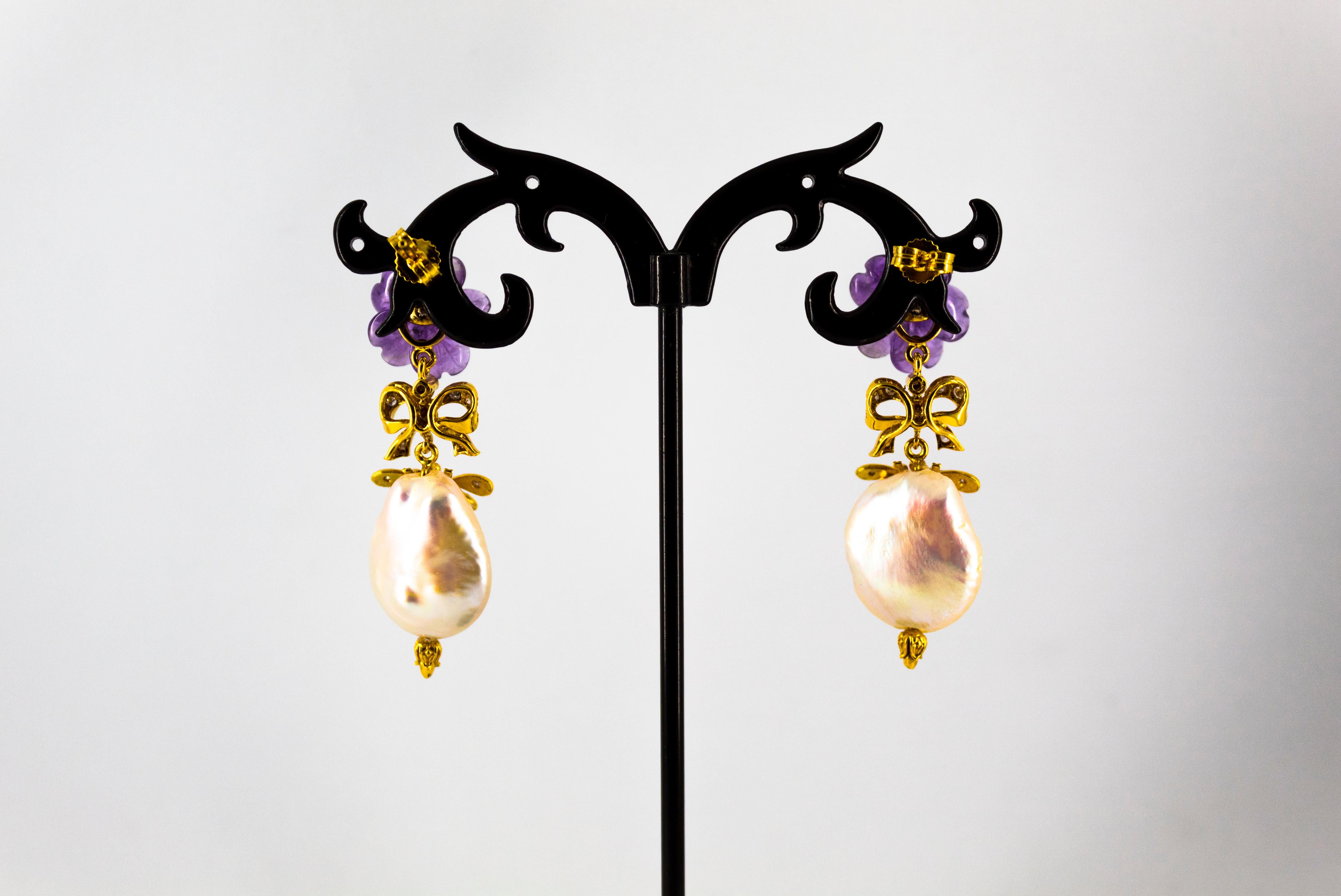Art Nouveau Style White Diamond Amethyst Pearl Yellow Gold Stud Drop Earrings 5