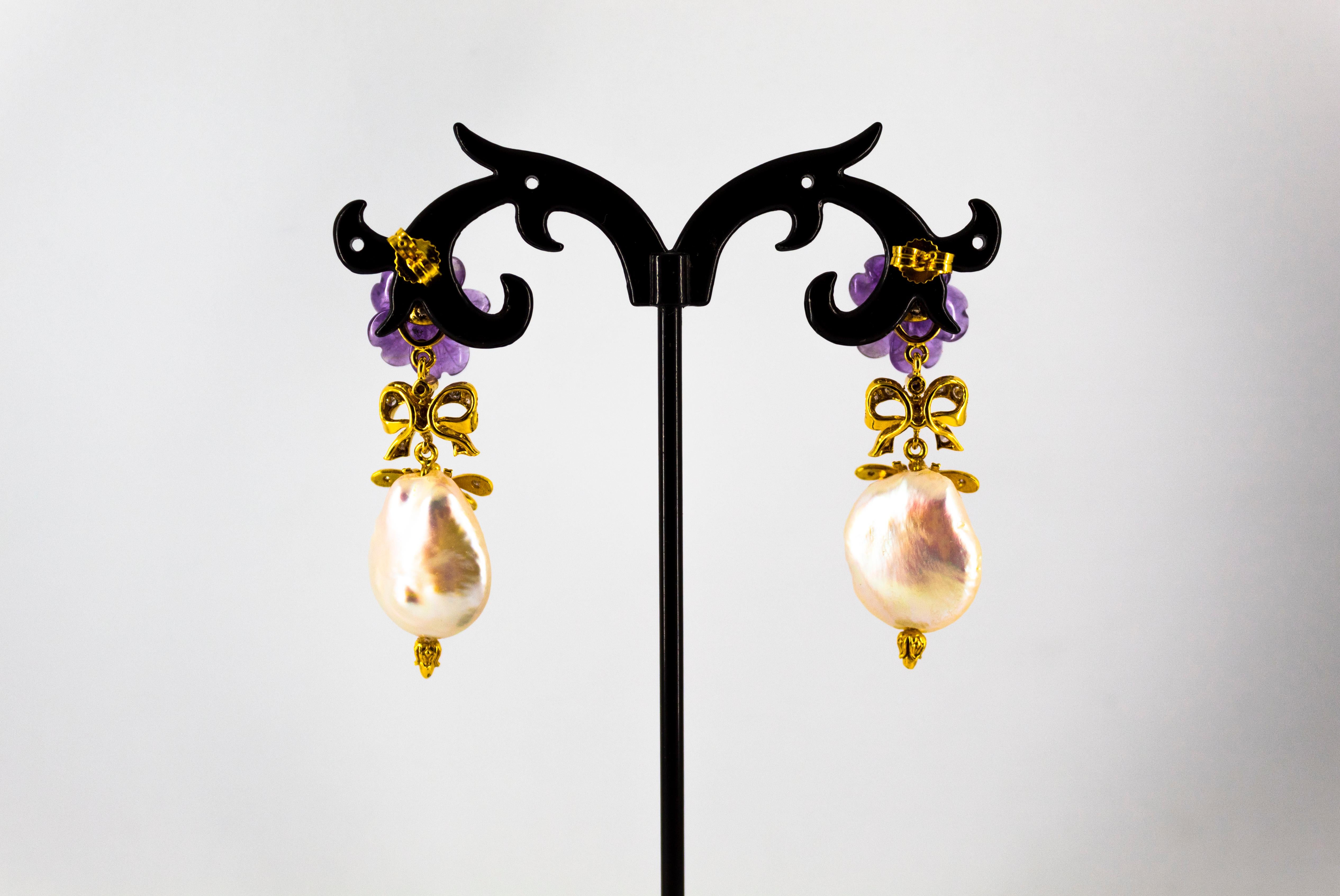 Art Nouveau Style White Diamond Amethyst Pearl Yellow Gold Stud Drop Earrings For Sale 5