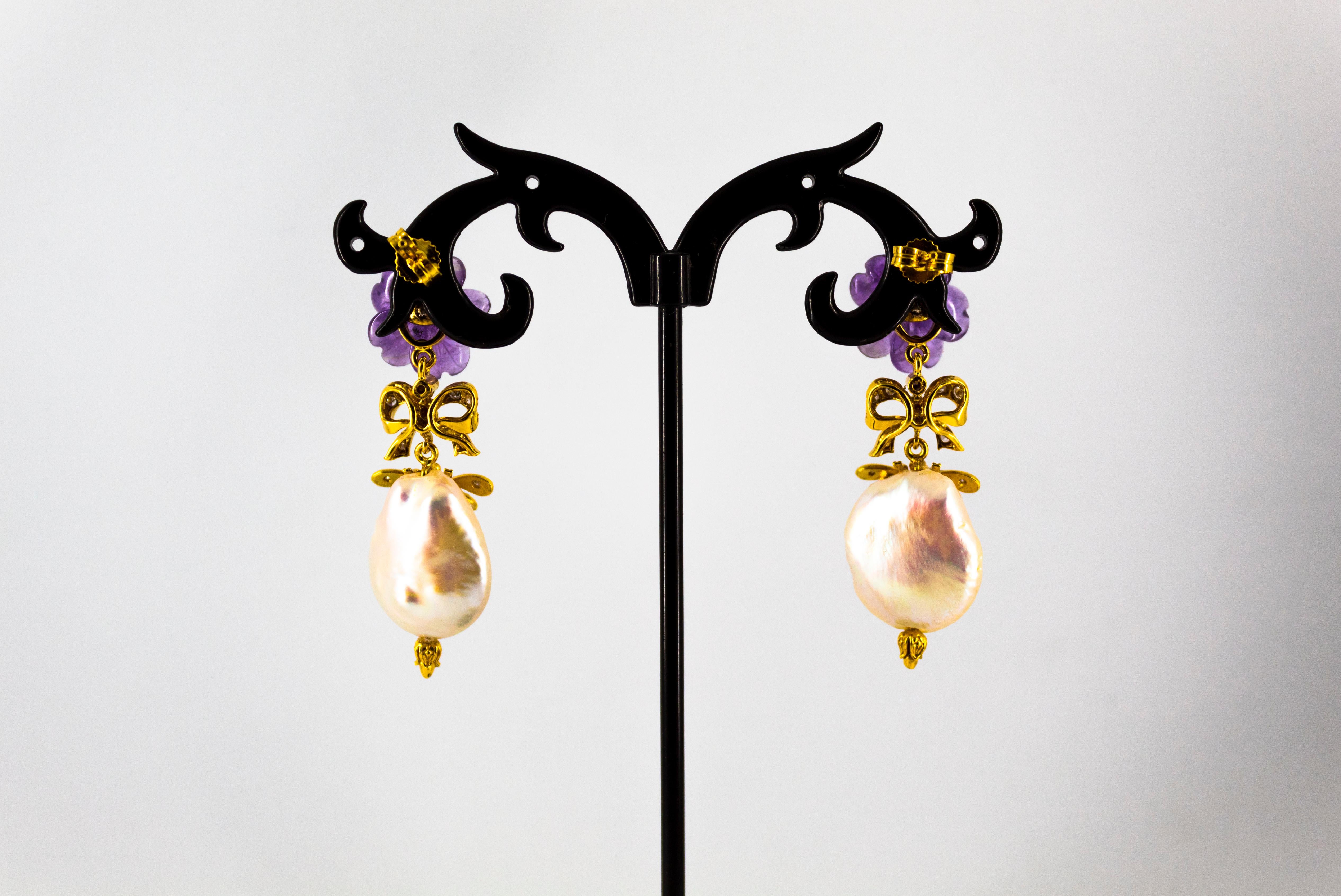 Orecchini a goccia in oro giallo con diamante bianco e perla ametista in stile Art Nouveau in vendita 5
