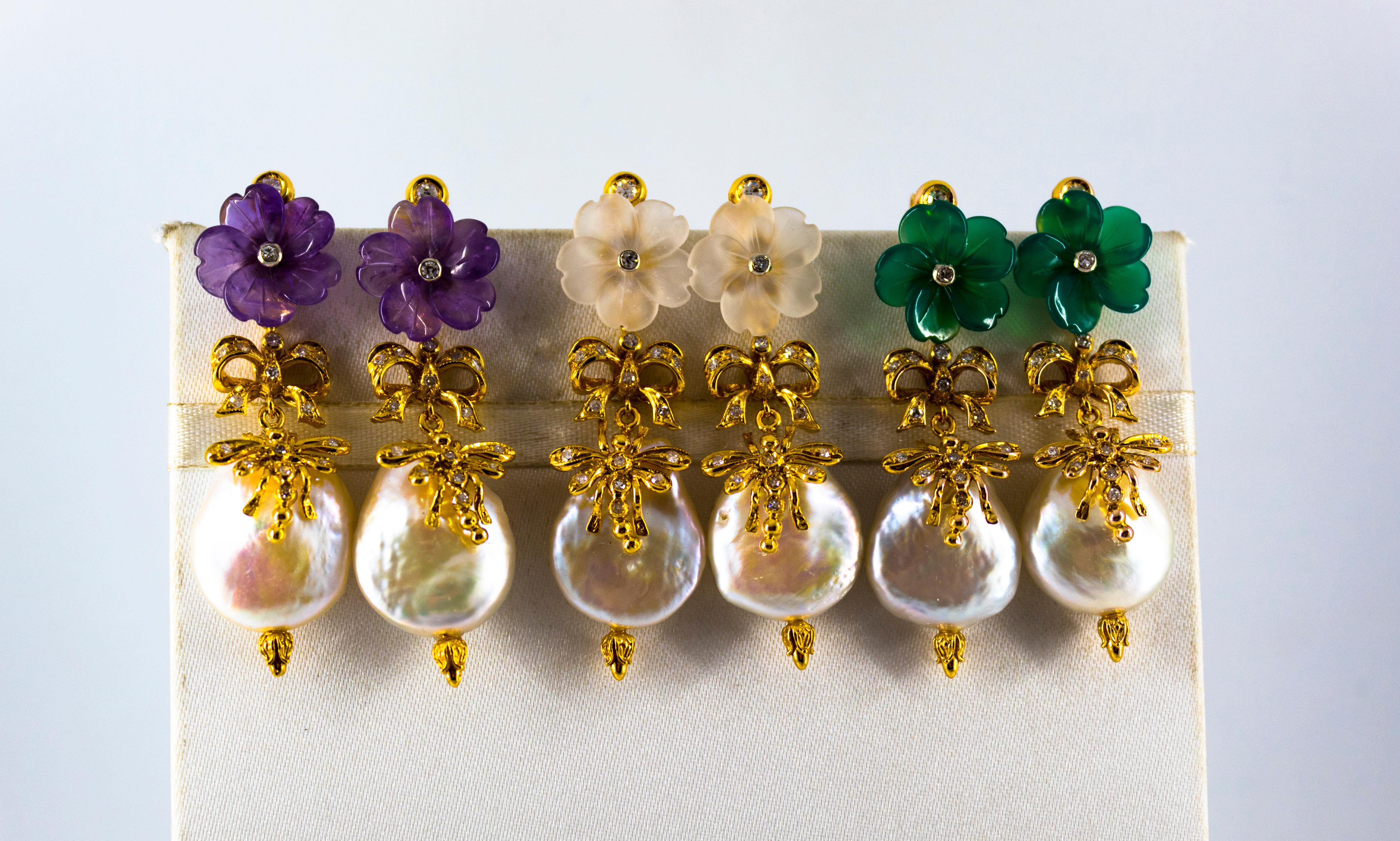 Art Nouveau Style White Diamond Amethyst Pearl Yellow Gold Stud Drop Earrings 6