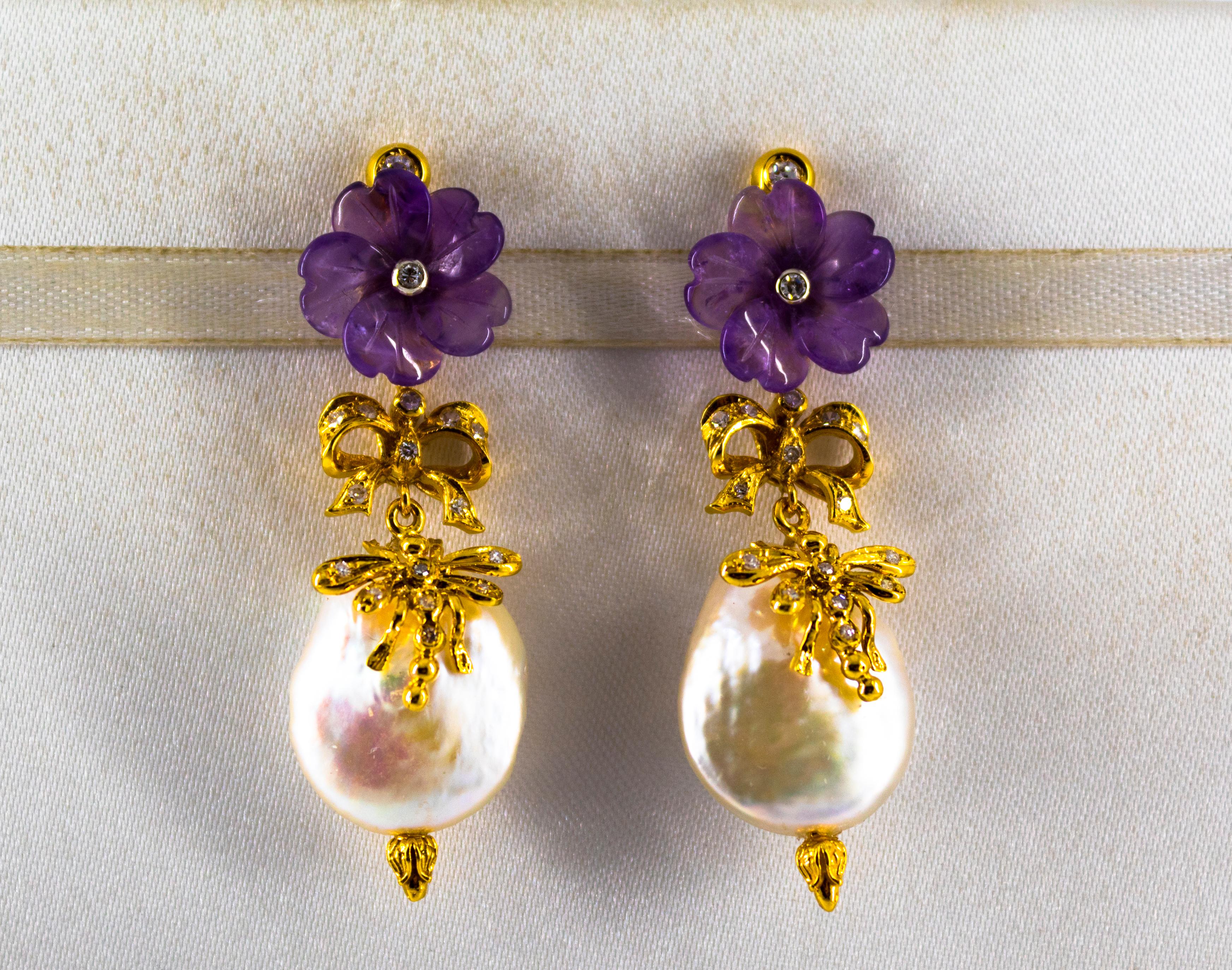 These Stud Earrings are made of 14K Yellow Gold.
These Earrings have 0.40 Carats of White Brilliant Cut Diamonds.
These Earrings have also Pearls and Amethyst.

These Earrings are available also with Green Flowers made of Agate or White Flowers made