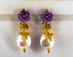 Art Nouveau Style White Diamond Amethyst Pearl Yellow Gold Stud Drop Earrings