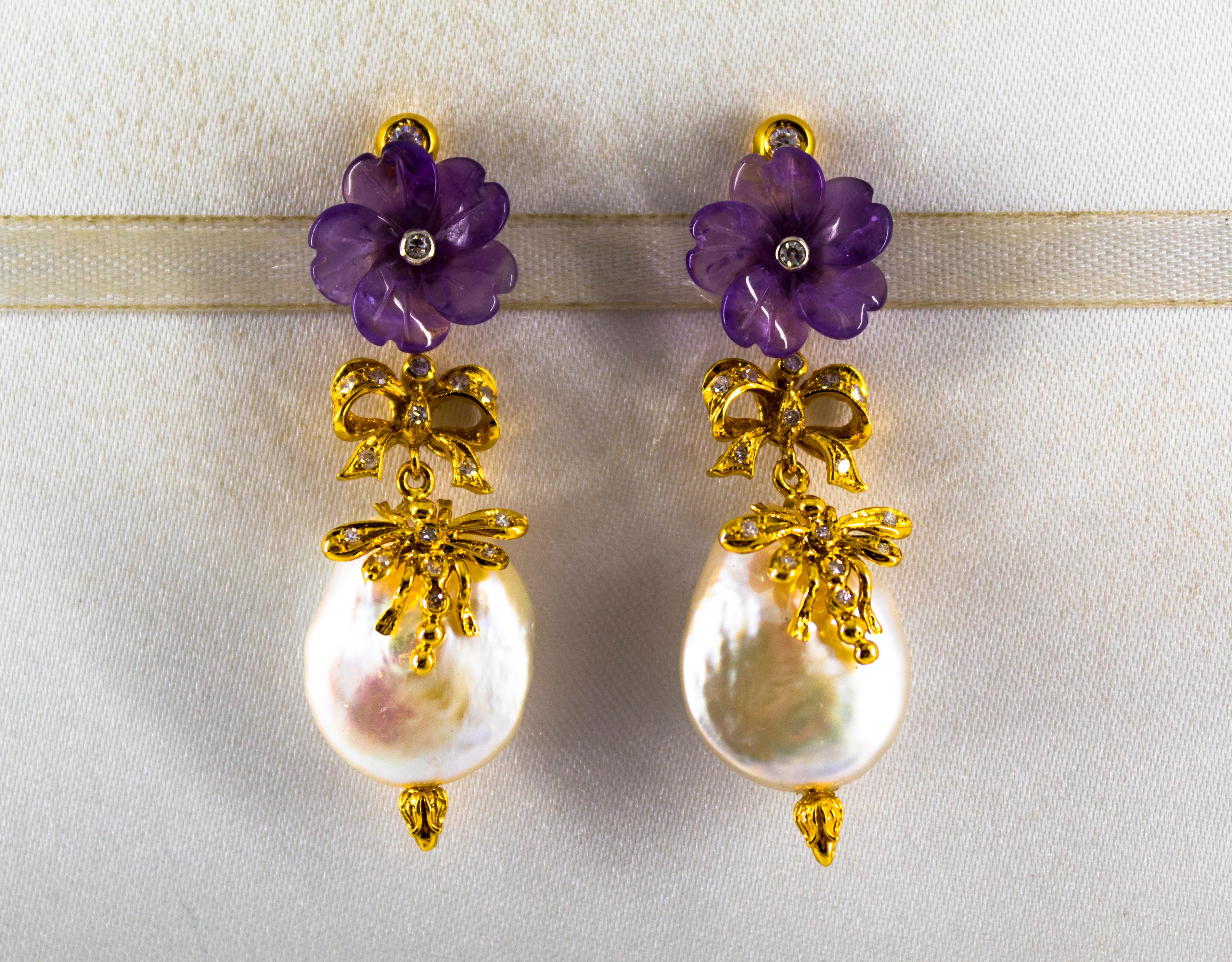 Brilliant Cut Art Nouveau Style White Diamond Amethyst Pearl Yellow Gold Stud Drop Earrings