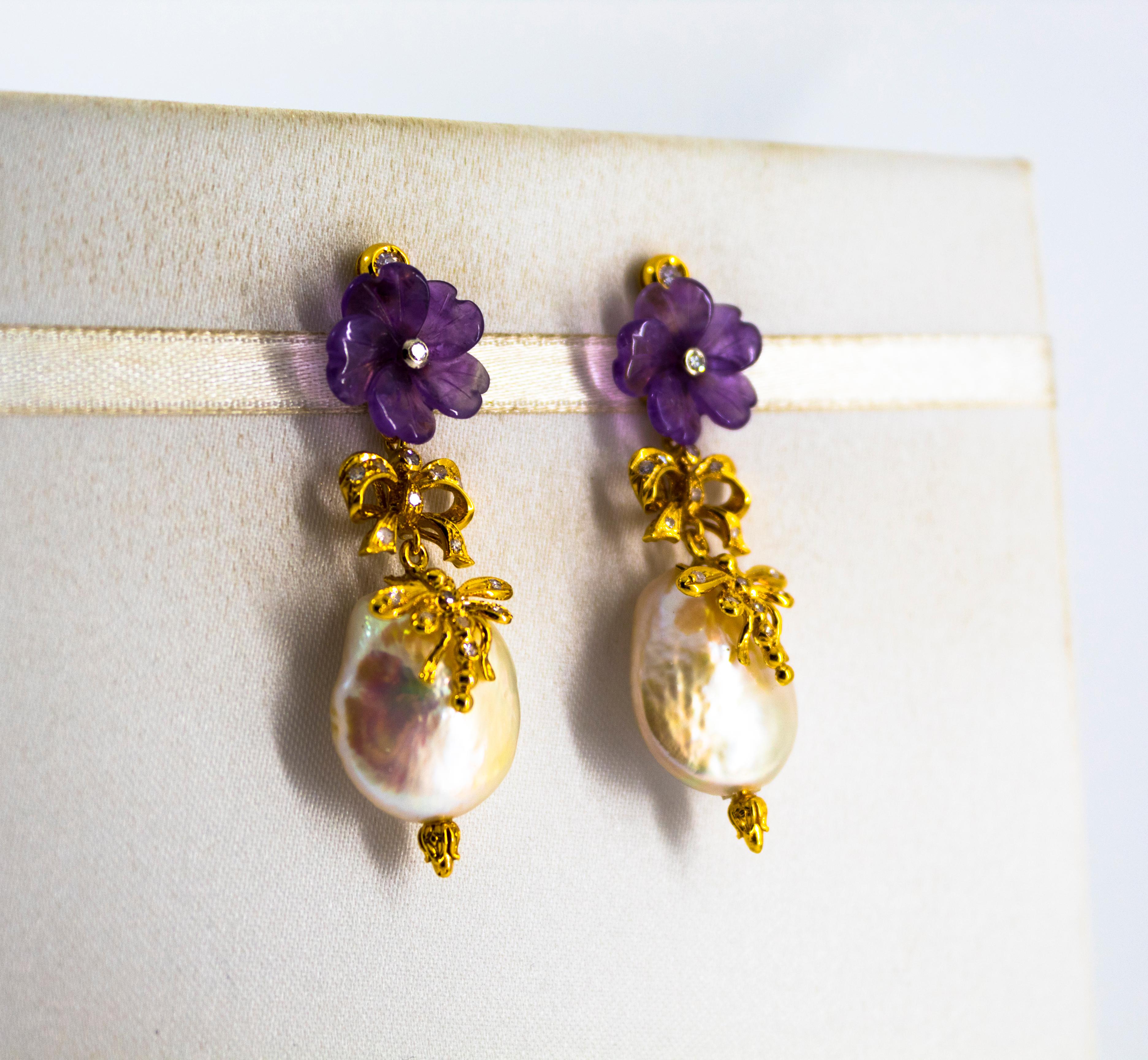 Art Nouveau Style White Diamond Amethyst Pearl Yellow Gold Stud Drop Earrings In New Condition In Naples, IT