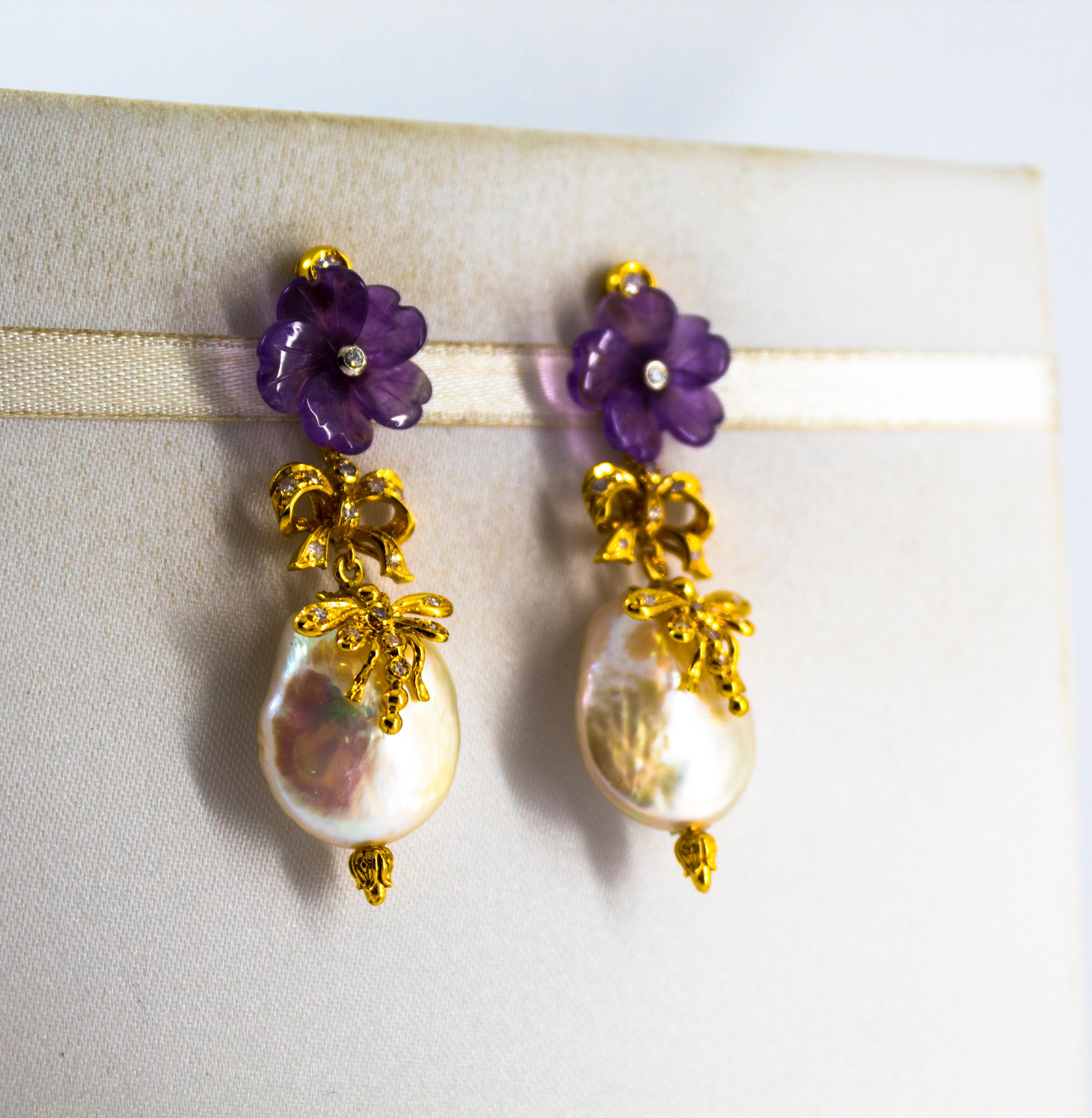 Women's or Men's Art Nouveau Style White Diamond Amethyst Pearl Yellow Gold Stud Drop Earrings