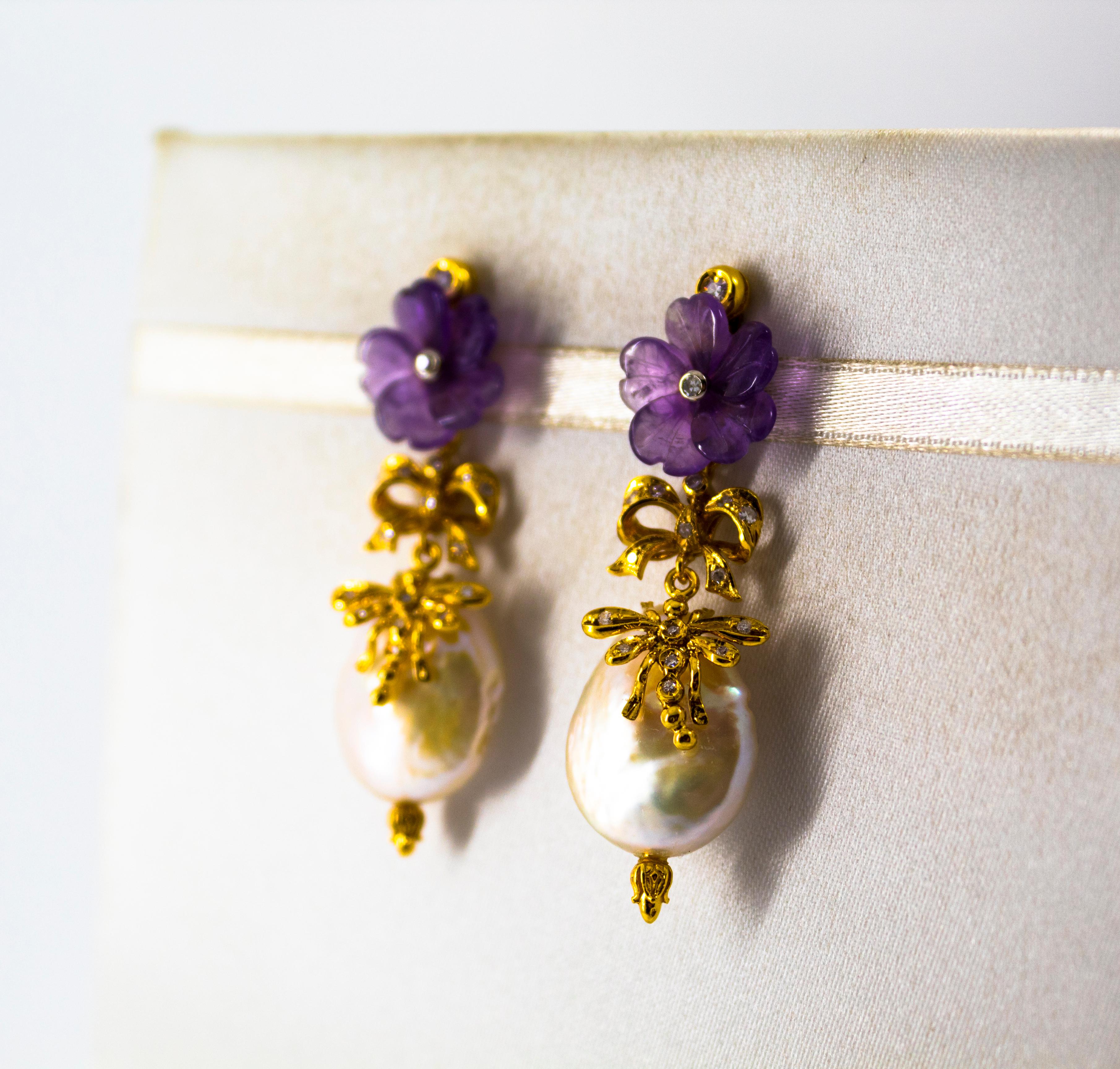 Art Nouveau Style White Diamond Amethyst Pearl Yellow Gold Stud Drop Earrings For Sale 1
