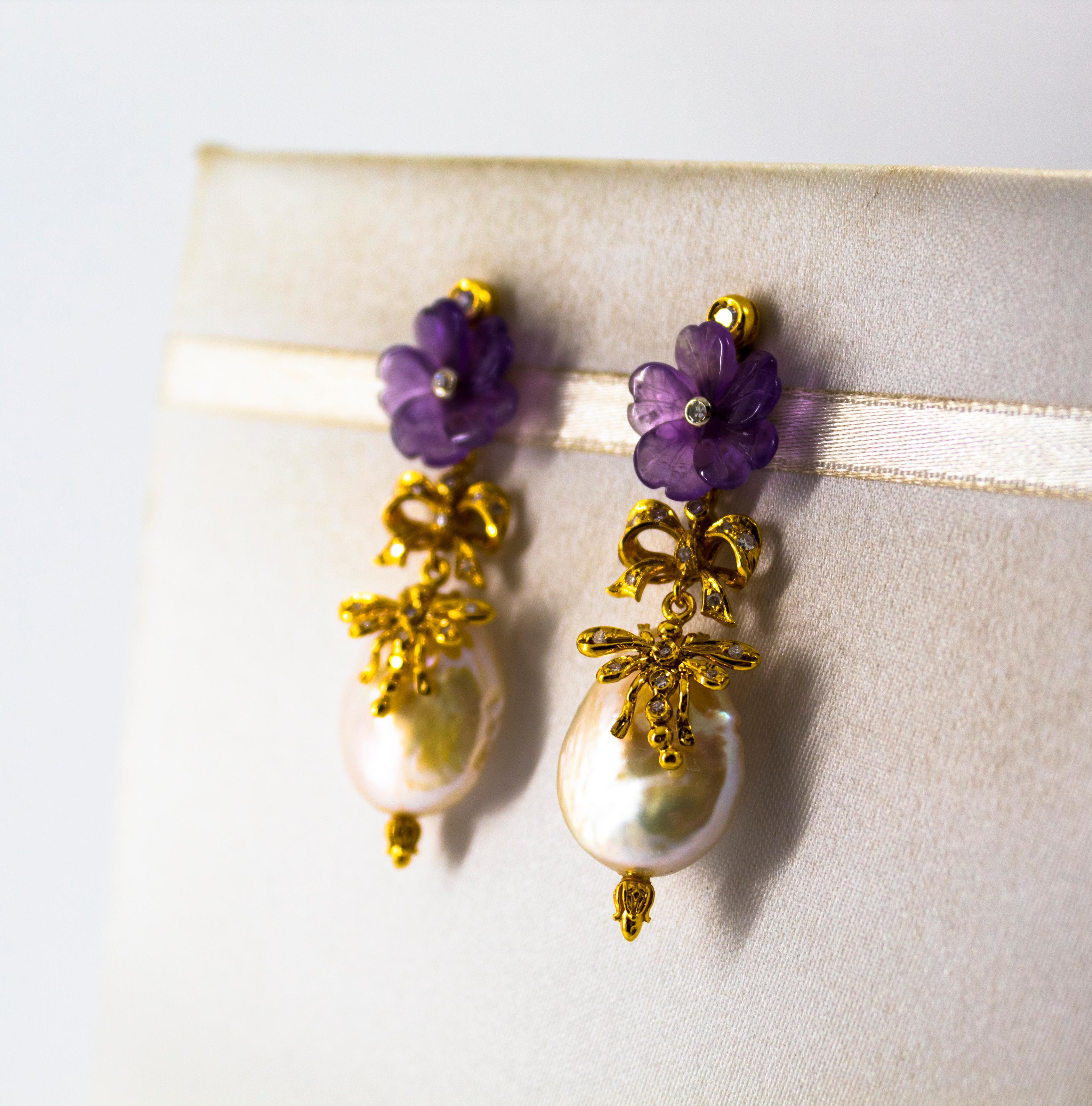 Art Nouveau Style White Diamond Amethyst Pearl Yellow Gold Stud Drop Earrings For Sale 2