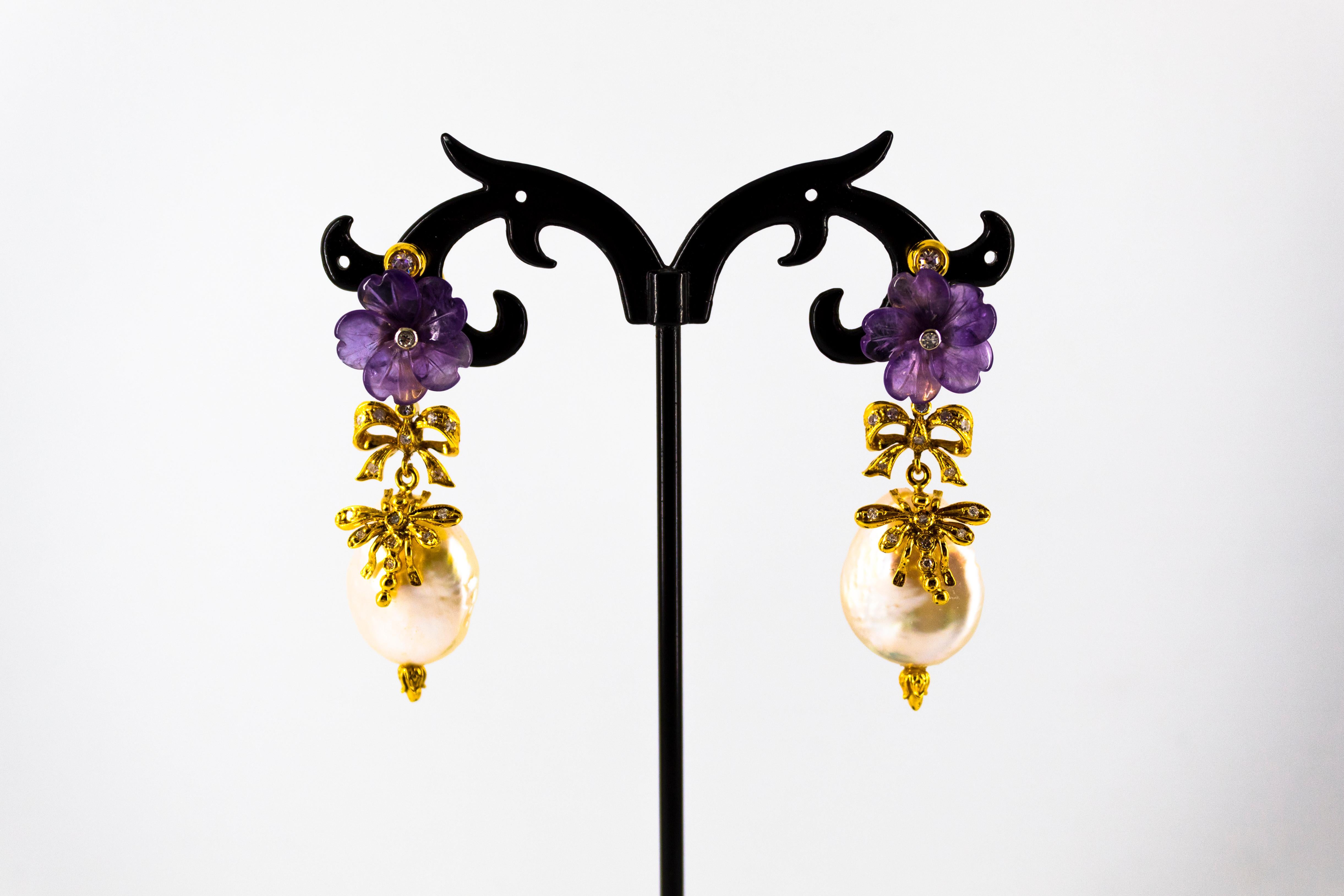 Art Nouveau Style White Diamond Amethyst Pearl Yellow Gold Stud Drop Earrings For Sale 3