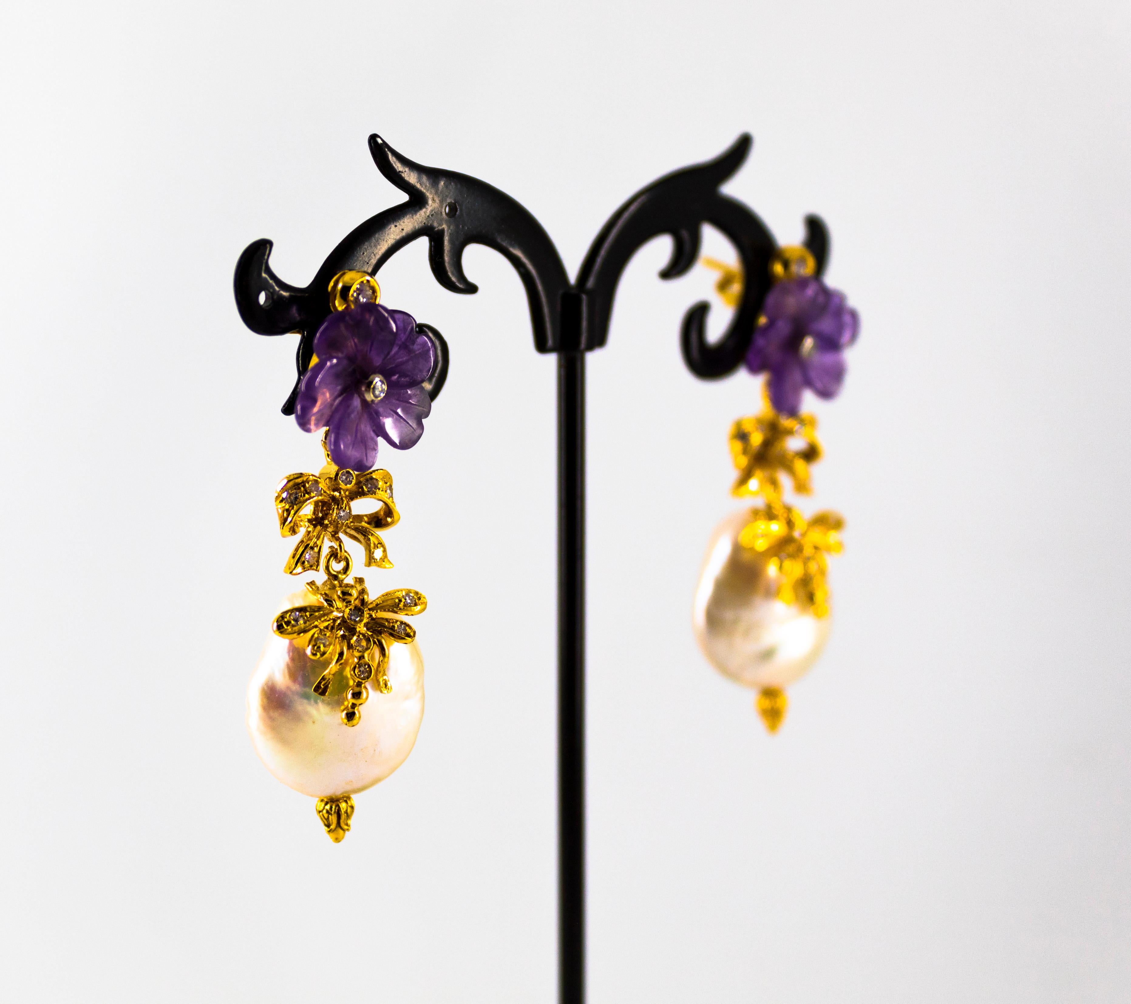 Art Nouveau Style White Diamond Amethyst Pearl Yellow Gold Stud Drop Earrings For Sale 4