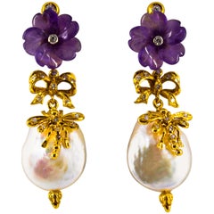 Art Nouveau Style White Diamond Amethyst Pearl Yellow Gold Stud Drop Earrings