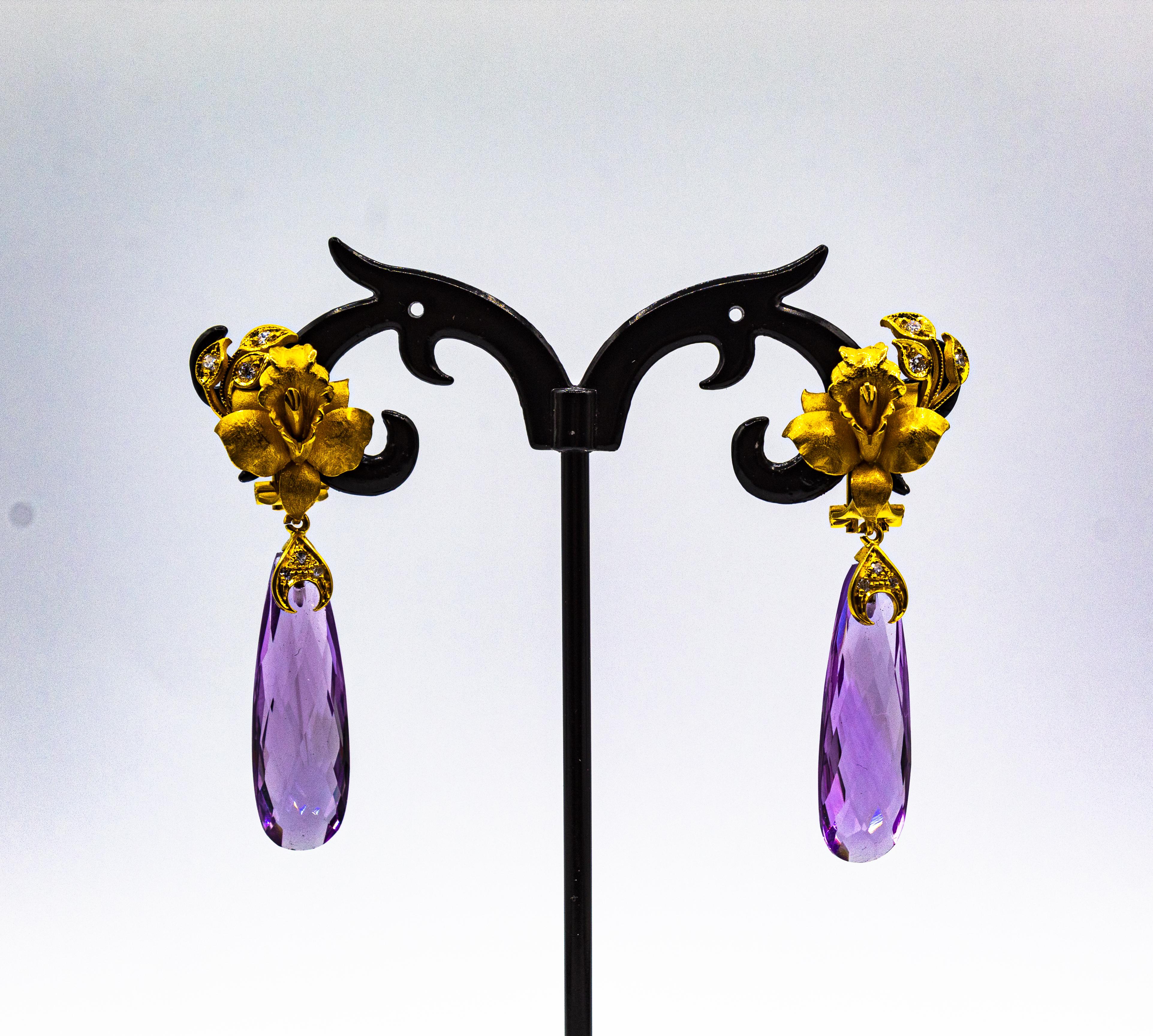 Art Nouveau Style White Diamond Amethyst Yellow Gold Clip-On Drop Earrings For Sale 5