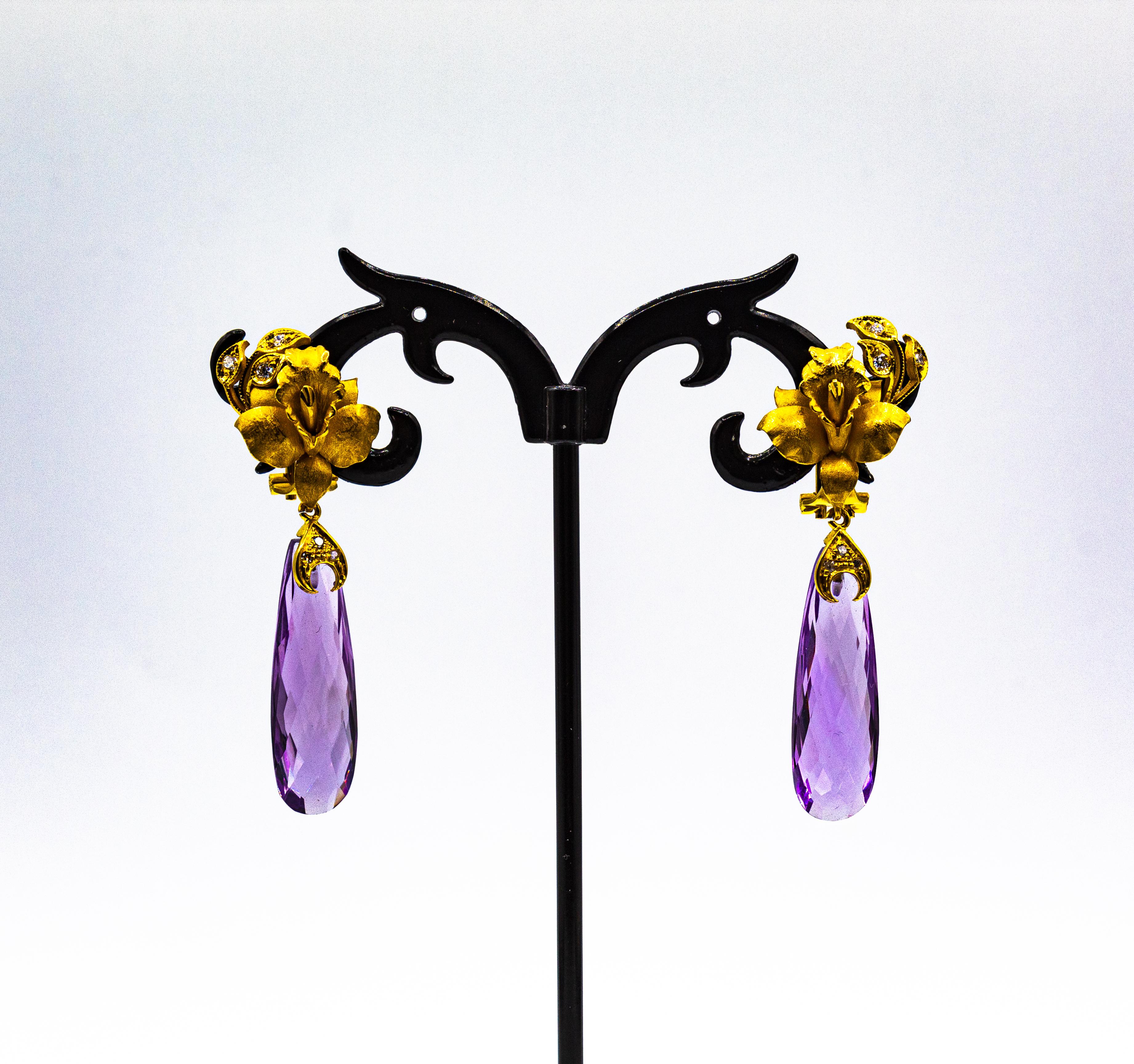 Art Nouveau Style White Diamond Amethyst Yellow Gold Clip-On Drop Earrings For Sale 6