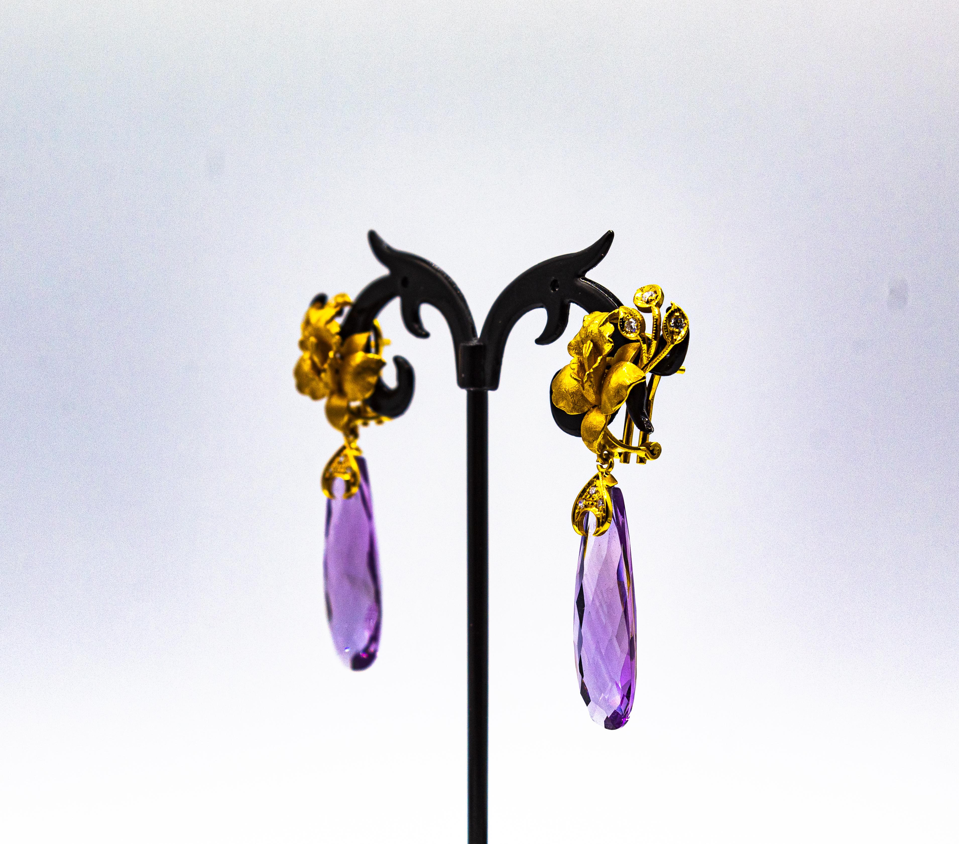 Art Nouveau Style White Diamond Amethyst Yellow Gold Clip-On Drop Earrings For Sale 7