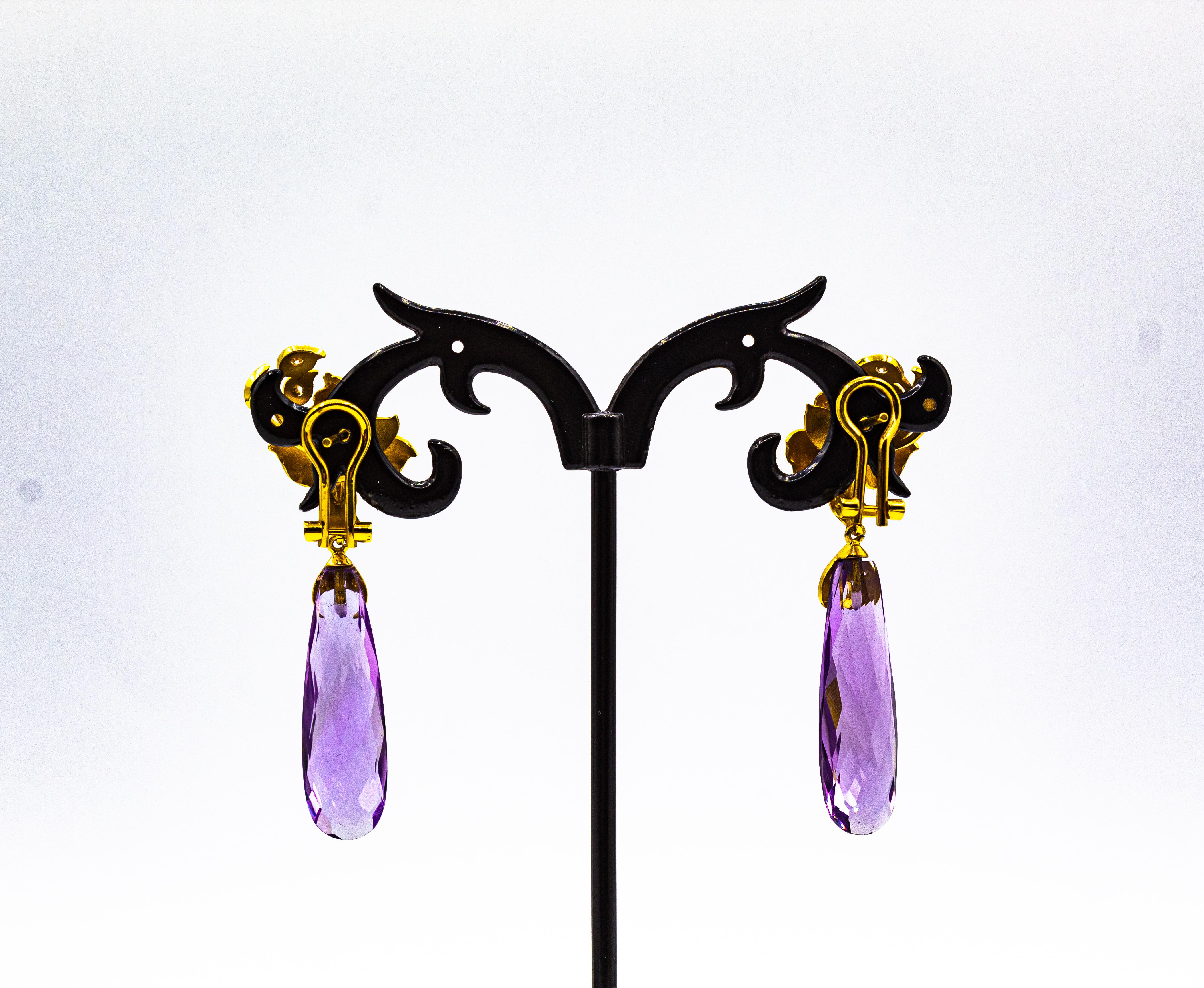 Art Nouveau Style White Diamond Amethyst Yellow Gold Clip-On Drop Earrings For Sale 8