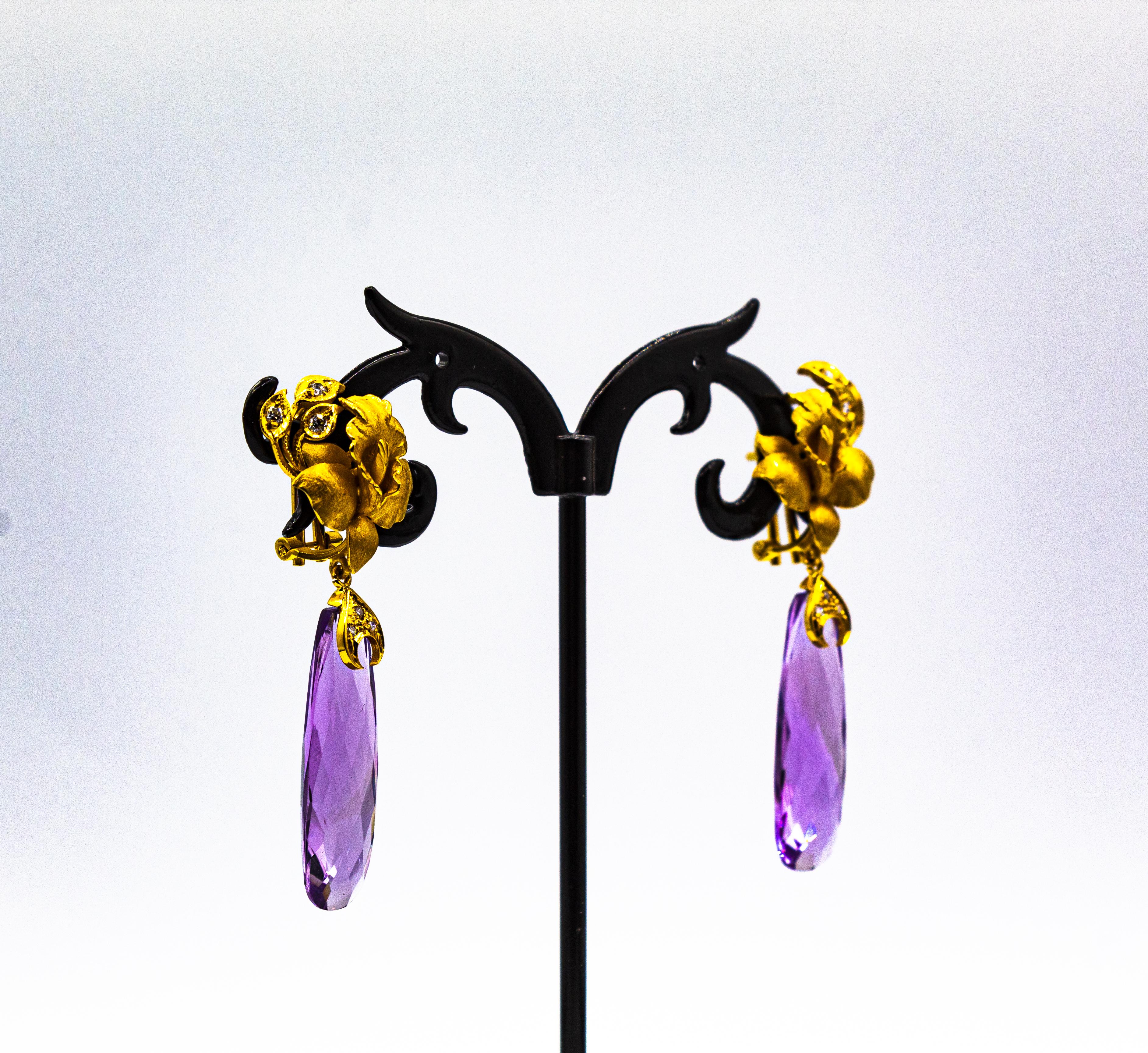 Art Nouveau Style White Diamond Amethyst Yellow Gold Clip-On Drop Earrings For Sale 9