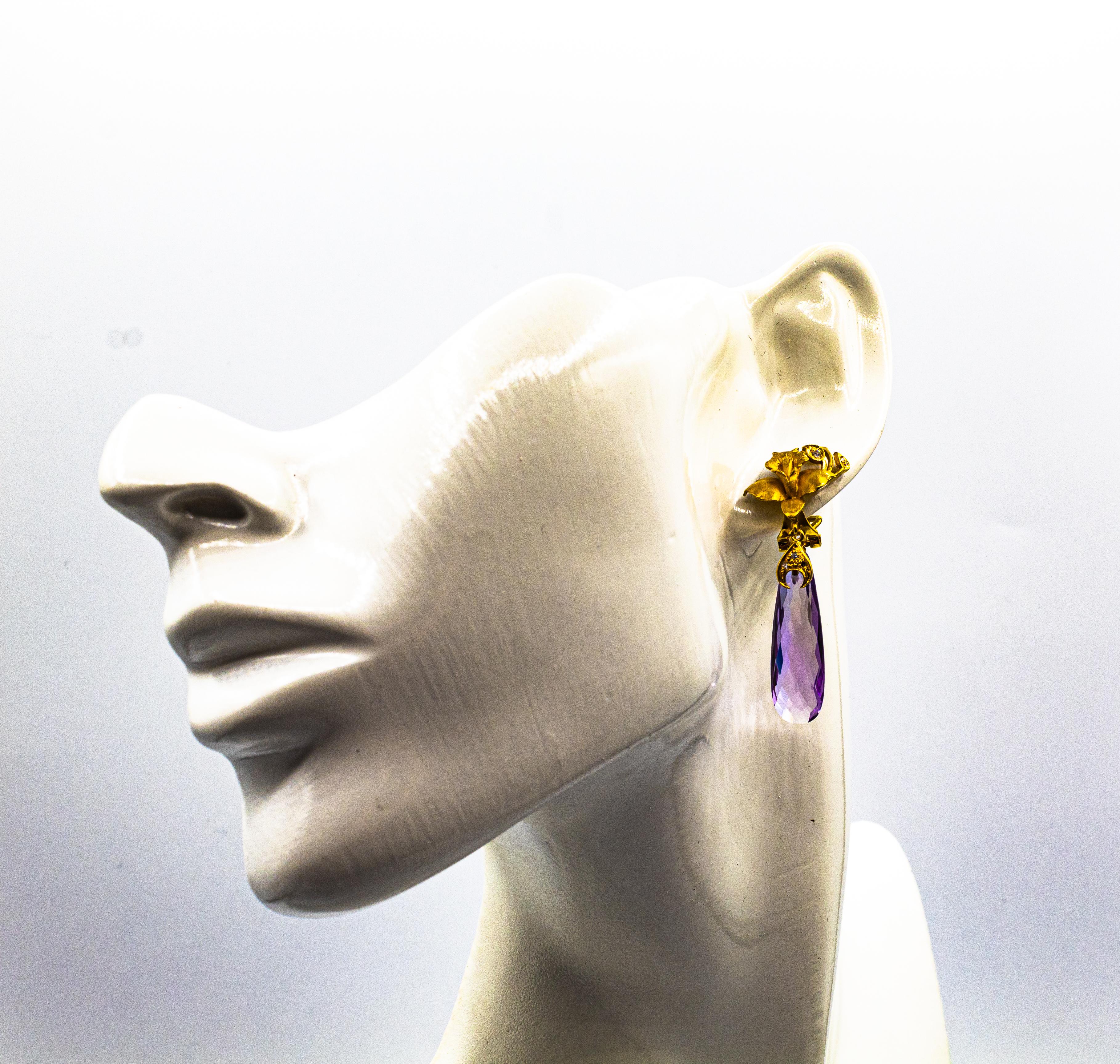 Art Nouveau Style White Diamond Amethyst Yellow Gold Clip-On Drop Earrings For Sale 10