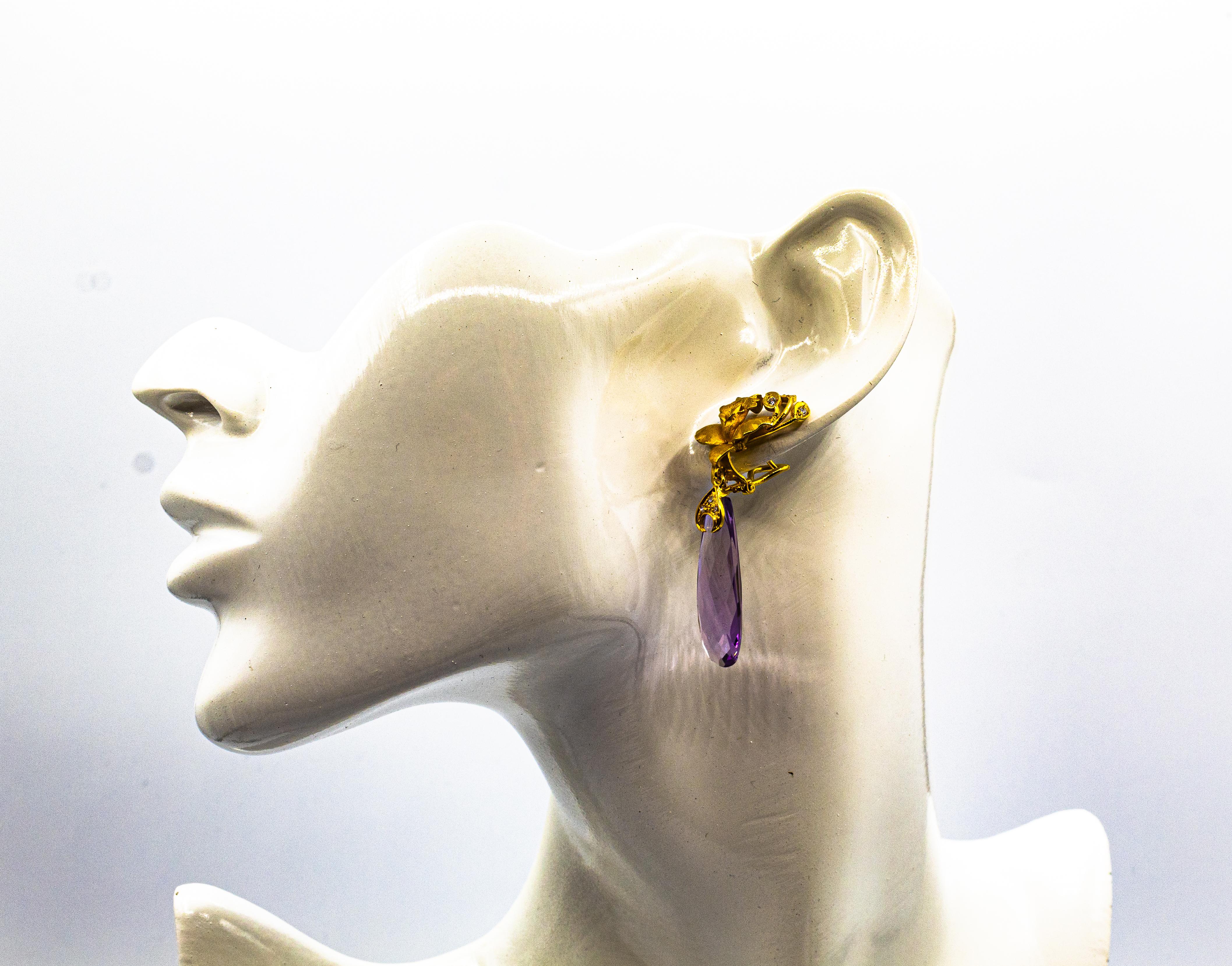 Art Nouveau Style White Diamond Amethyst Yellow Gold Clip-On Drop Earrings For Sale 11