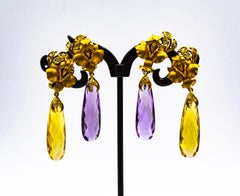 Ohrclips im Jugendstil, weißer Diamant, Amethyst, Gelbgold, Gelbgold
