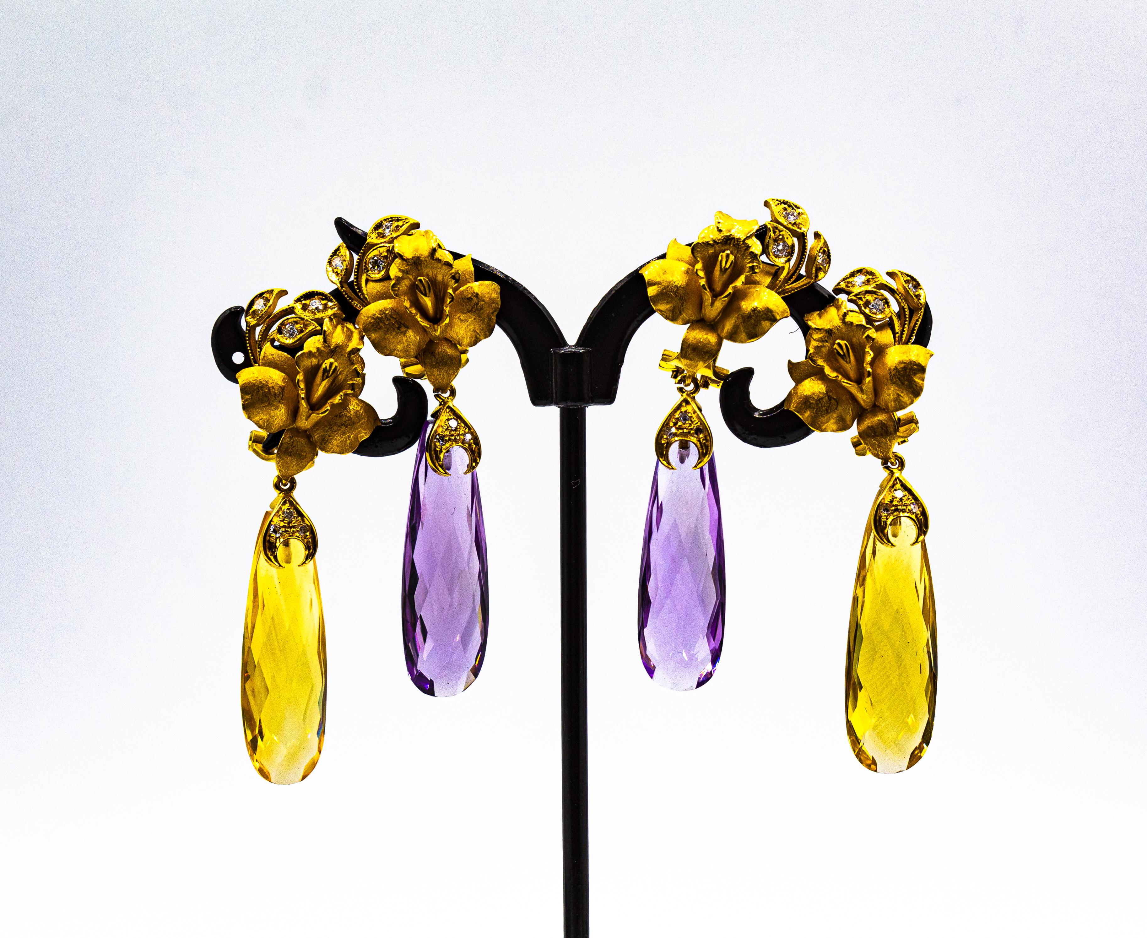 Taglio brillante Orecchini a goccia in oro giallo con diamante bianco e ametista in stile Art Nouveau in vendita