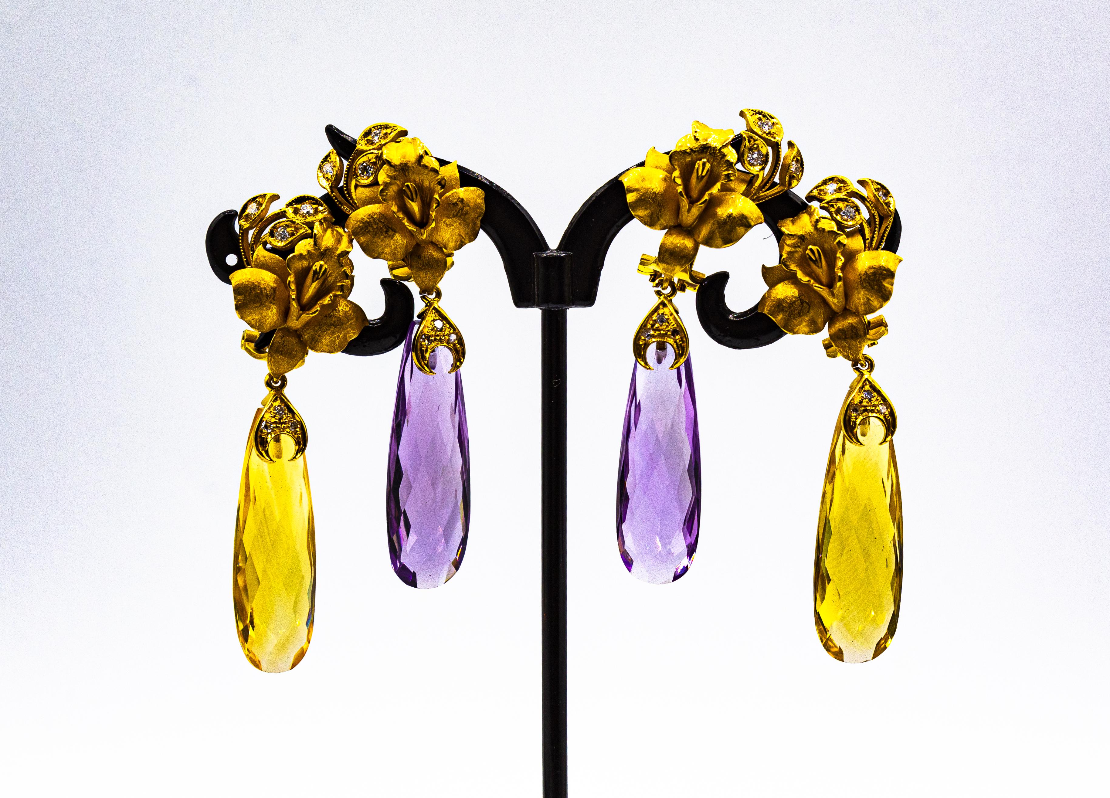 Art Nouveau Style White Diamond Amethyst Yellow Gold Clip-On Drop Earrings In New Condition In Naples, IT