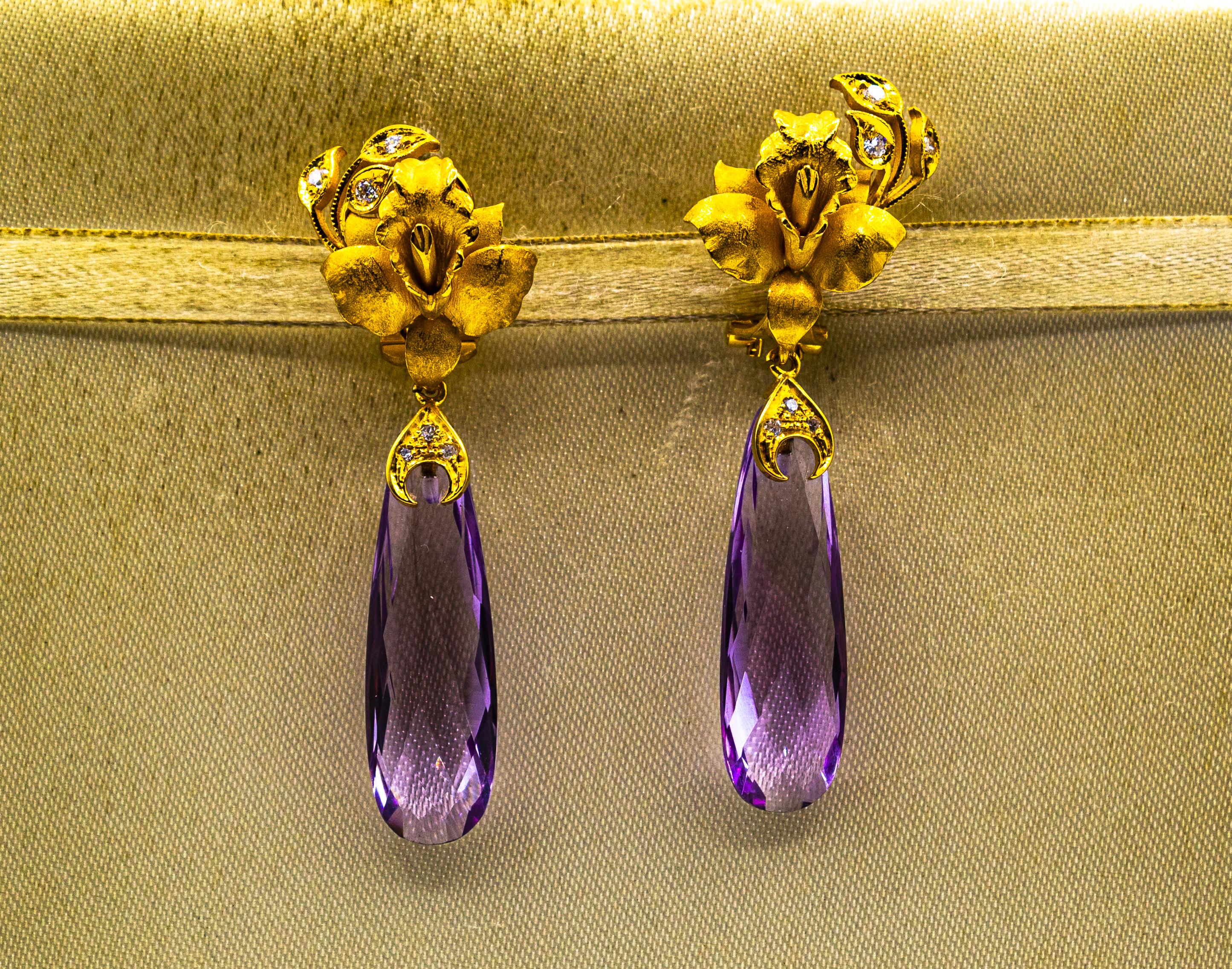 Women's or Men's Art Nouveau Style White Diamond Amethyst Yellow Gold Clip-On Drop Earrings
