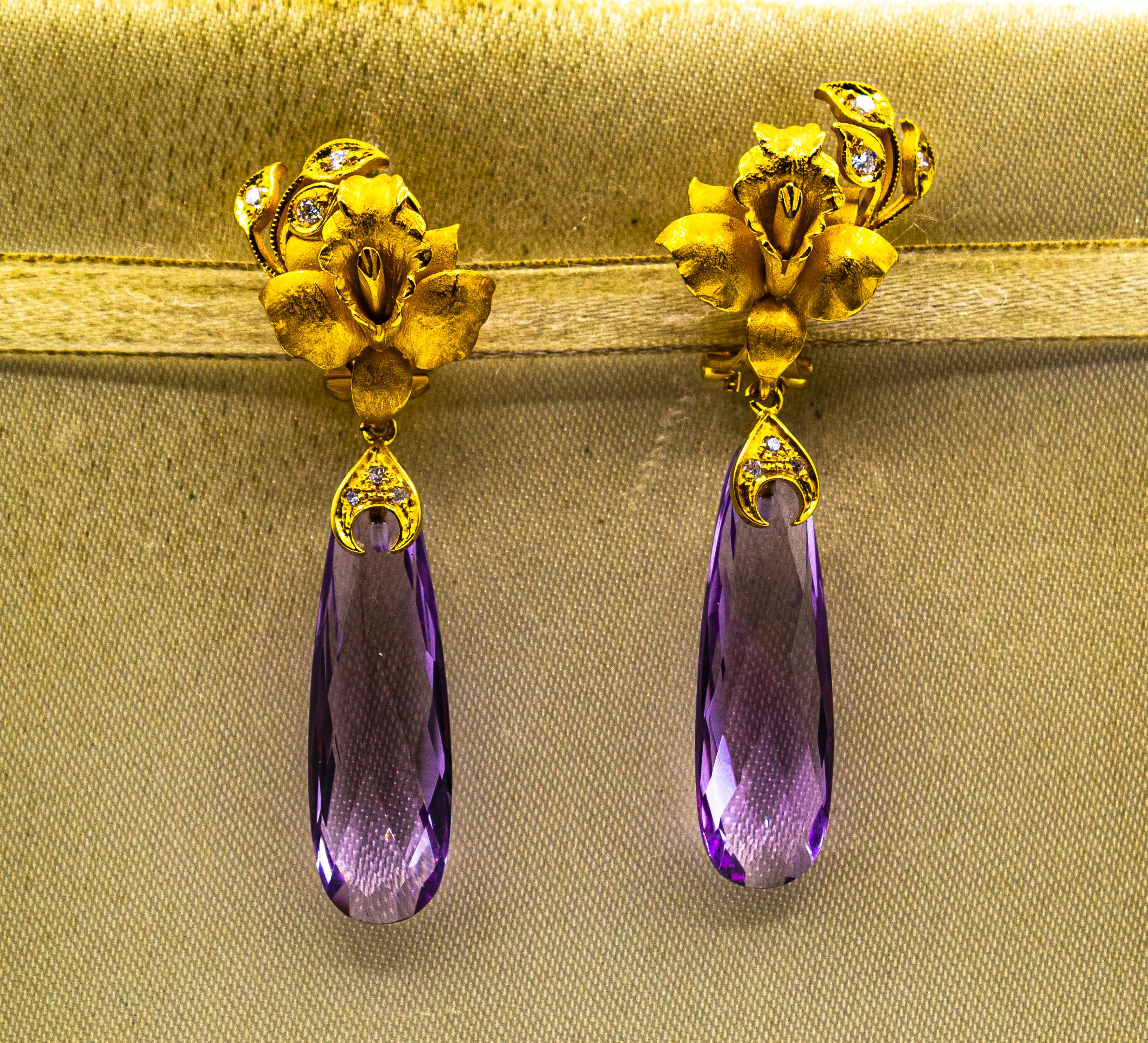 Women's or Men's Art Nouveau Style White Diamond Amethyst Yellow Gold Clip-On Drop Earrings