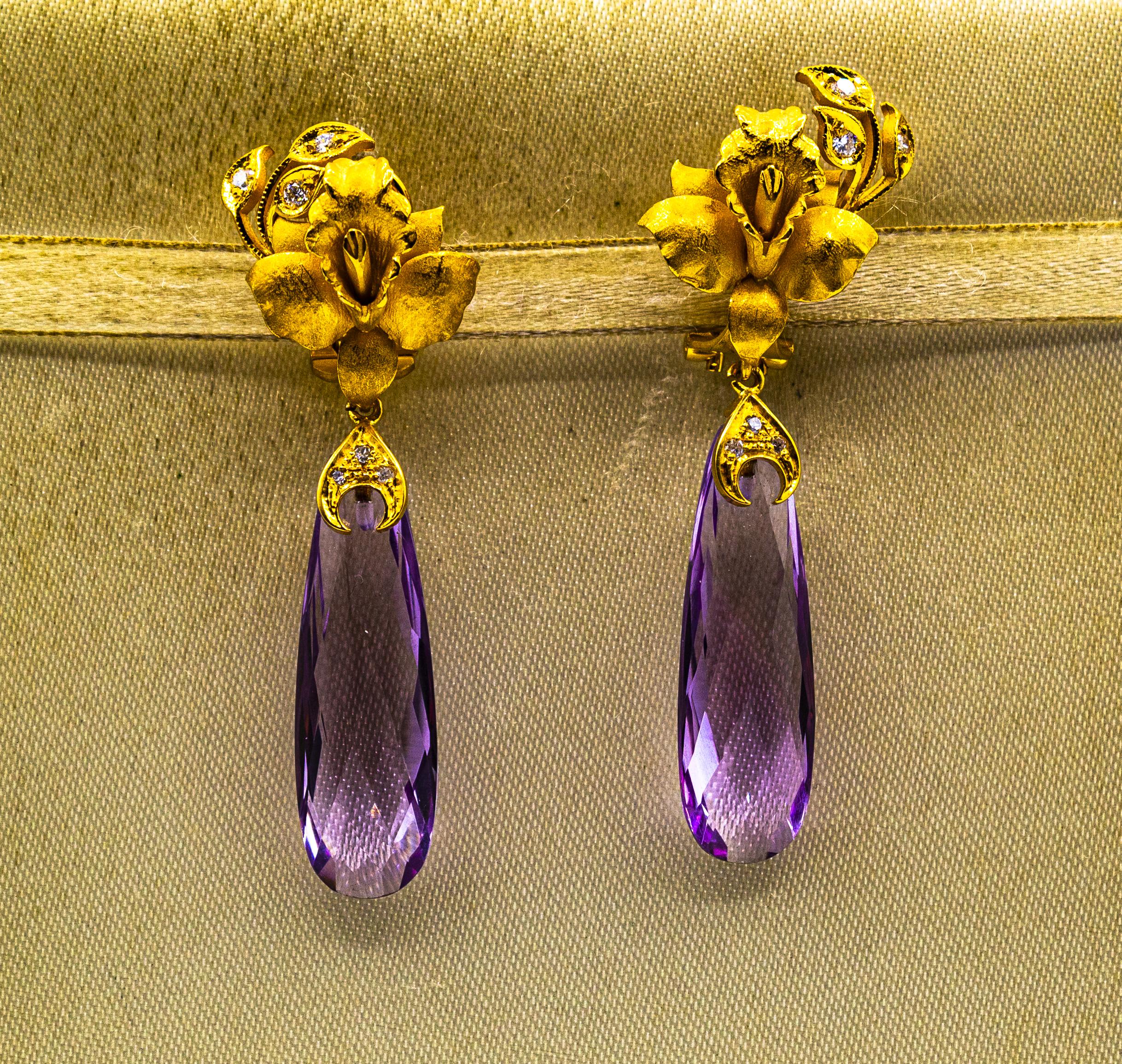 Art Nouveau Style White Diamond Amethyst Yellow Gold Clip-On Drop Earrings For Sale 2