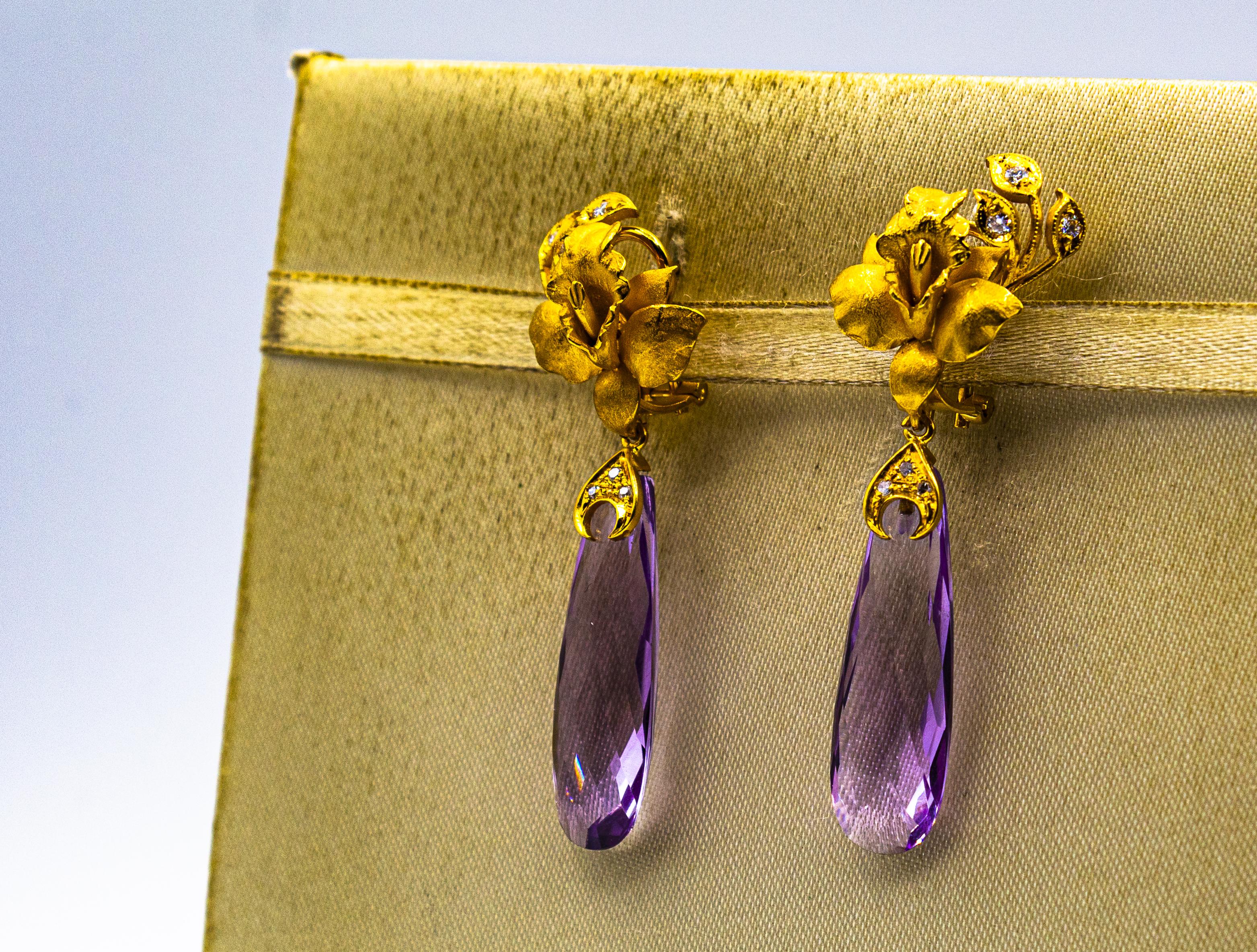 Art Nouveau Style White Diamond Amethyst Yellow Gold Clip-On Drop Earrings For Sale 3