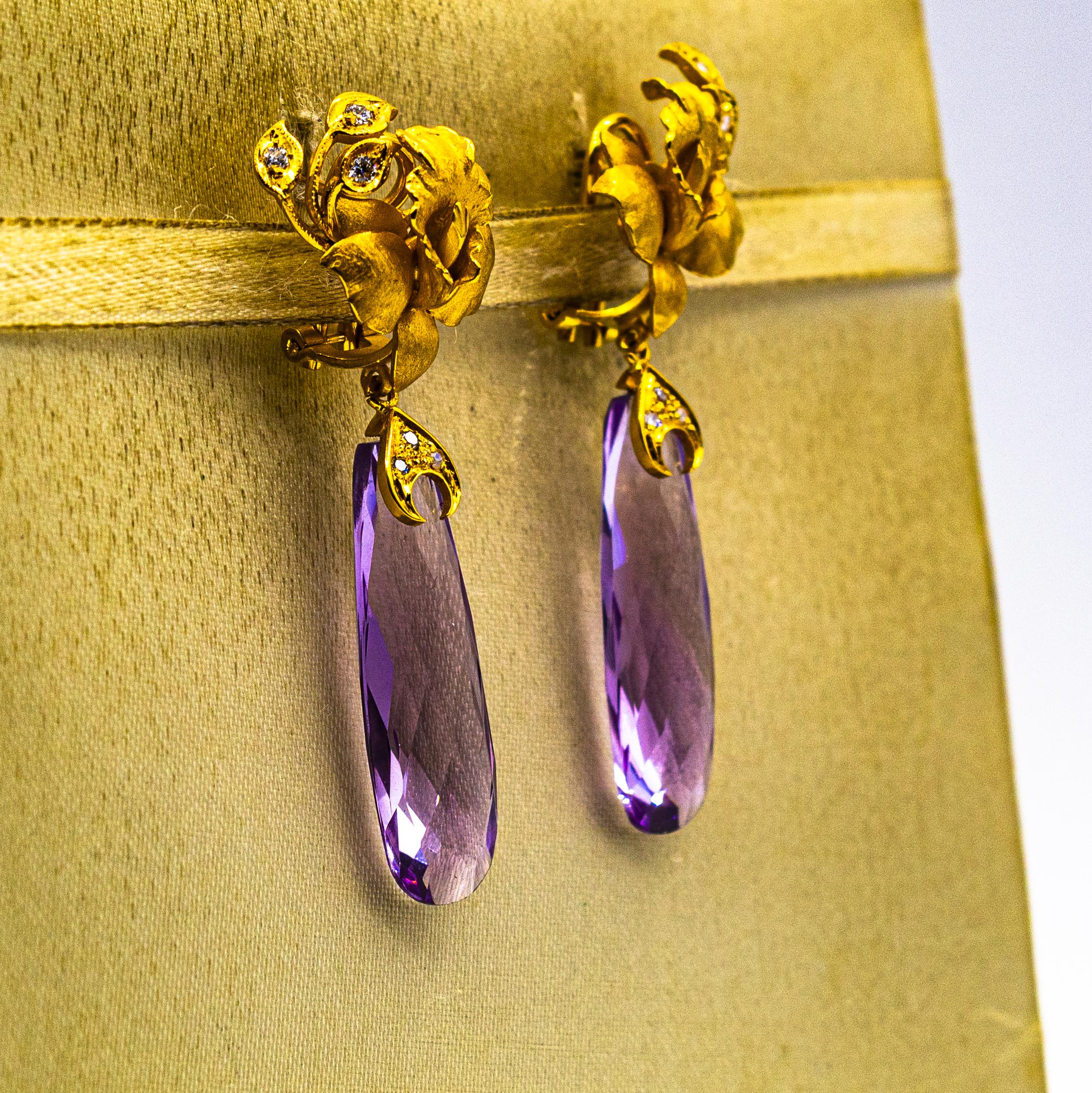 Art Nouveau Style White Diamond Amethyst Yellow Gold Clip-On Drop Earrings For Sale 4