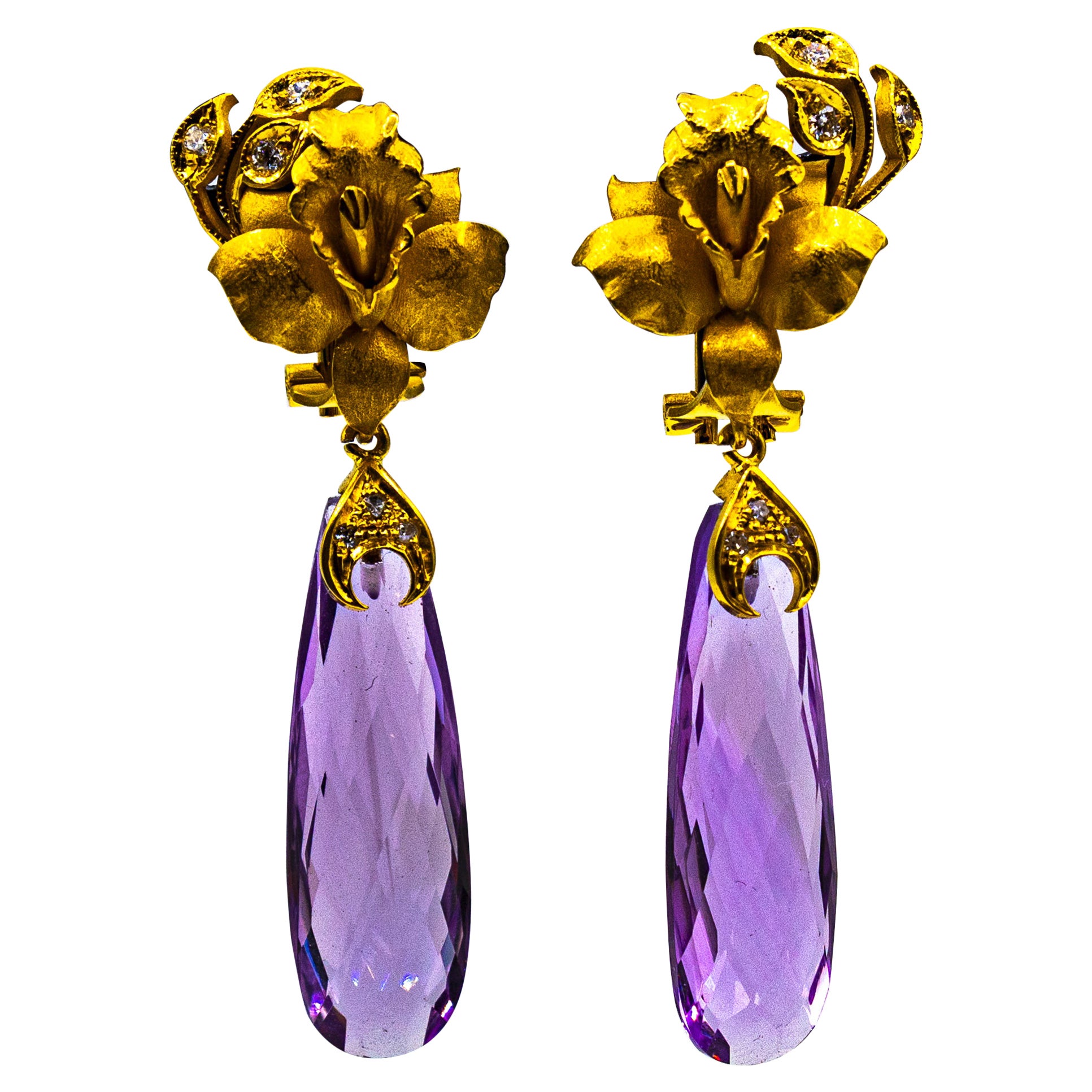 Art Nouveau Style White Diamond Amethyst Yellow Gold Clip-On Drop Earrings For Sale