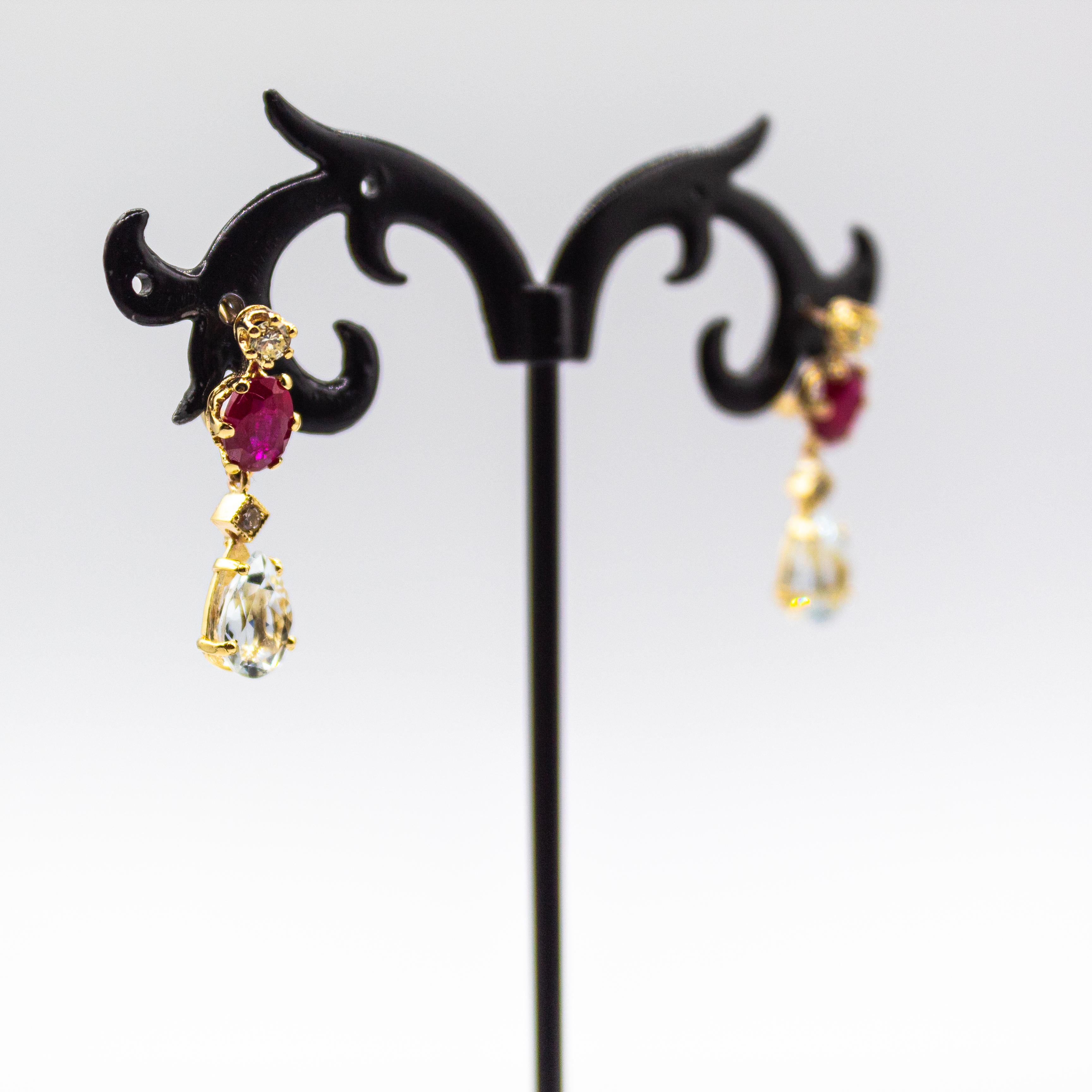 Art Nouveau Style White Diamond Aquamarine Ruby Yellow Gold Lever-Back Earrings In condizioni Nuovo in vendita a Naples, IT