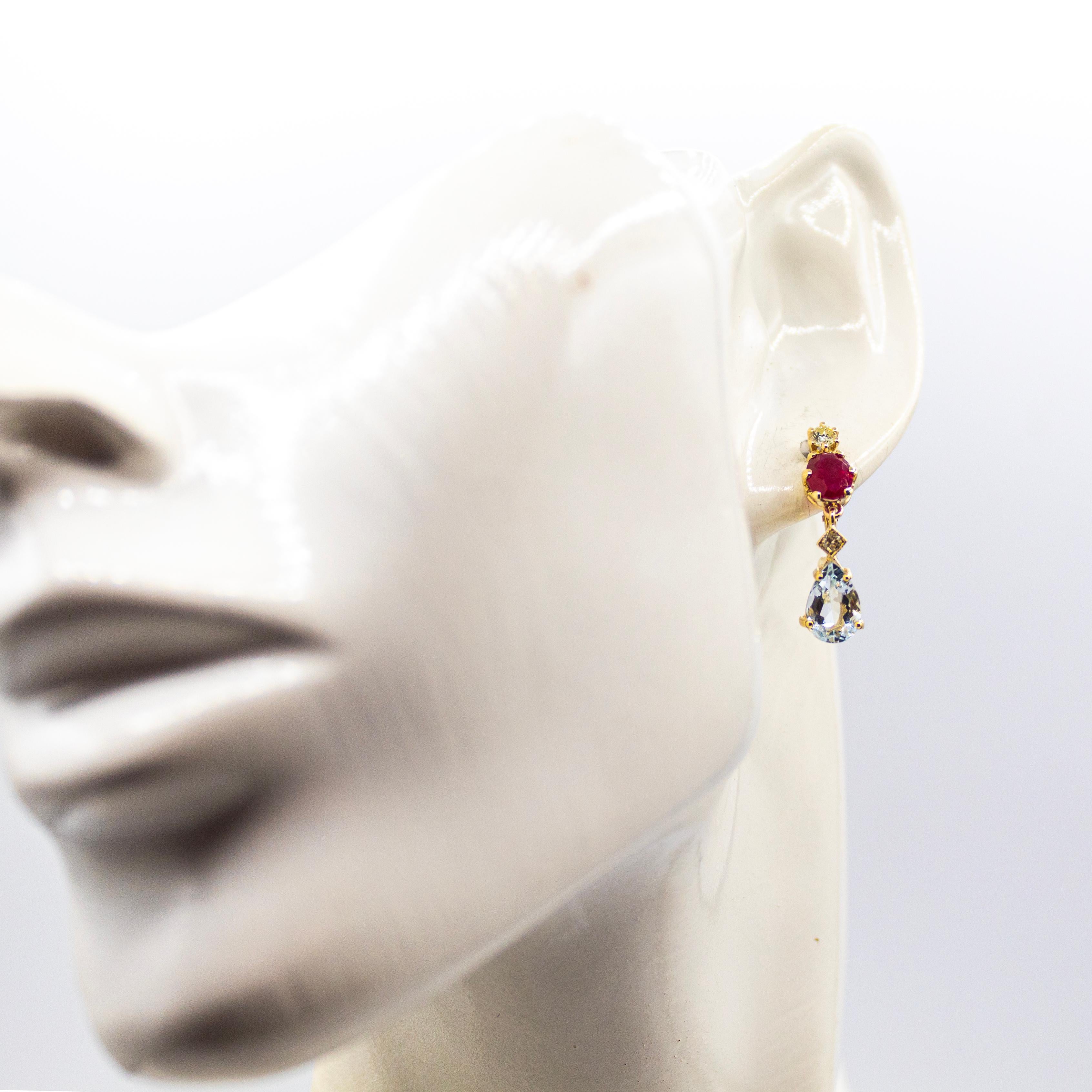 da uomo o donna Art Nouveau Style White Diamond Aquamarine Ruby Yellow Gold Lever-Back Earrings in vendita