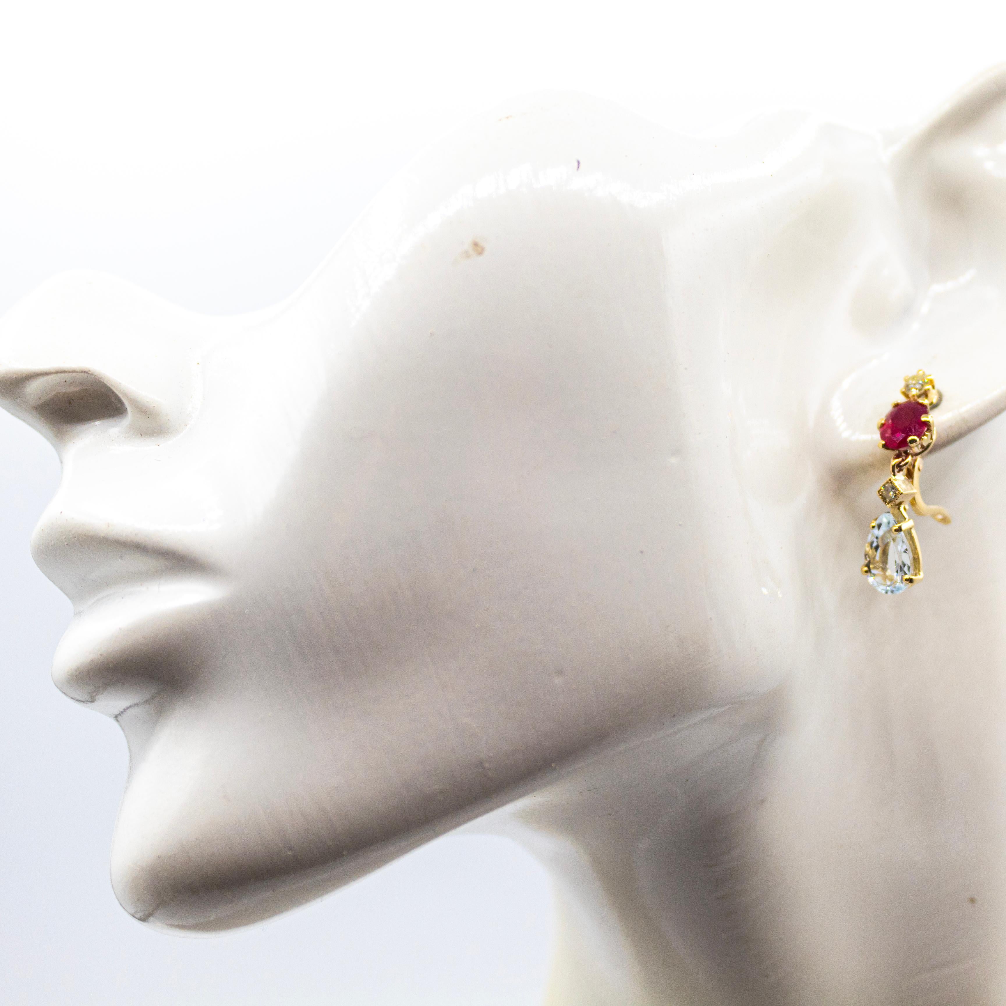 Art Nouveau Style White Diamond Aquamarine Ruby Yellow Gold Lever-Back Earrings in vendita 1