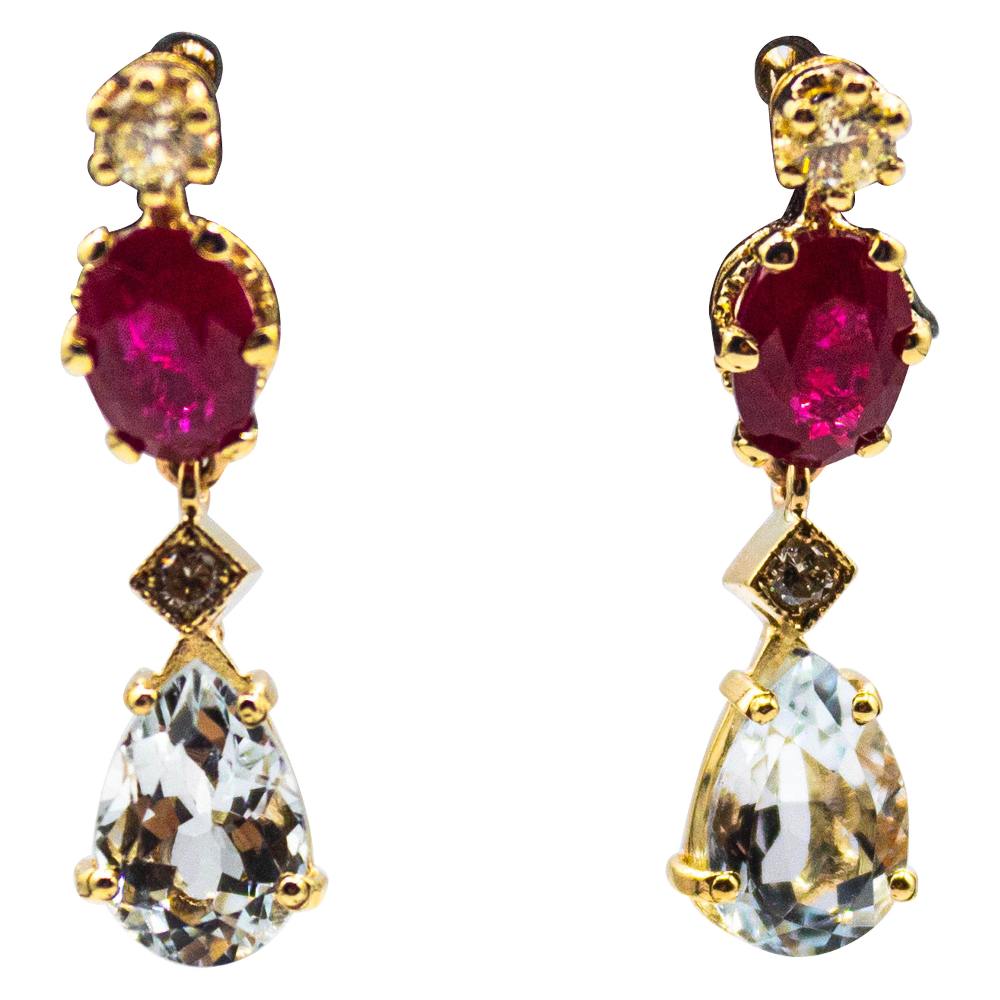 Art Nouveau Style White Diamond Aquamarine Ruby Yellow Gold Lever-Back Earrings