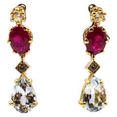 Art Nouveau Style White Diamond Aquamarine Ruby Yellow Gold Lever-Back Earrings