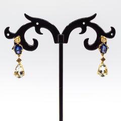 Jugendstil Weißer Diamant Blauer Saphir Aquamarin Gelbgold Ohrringe