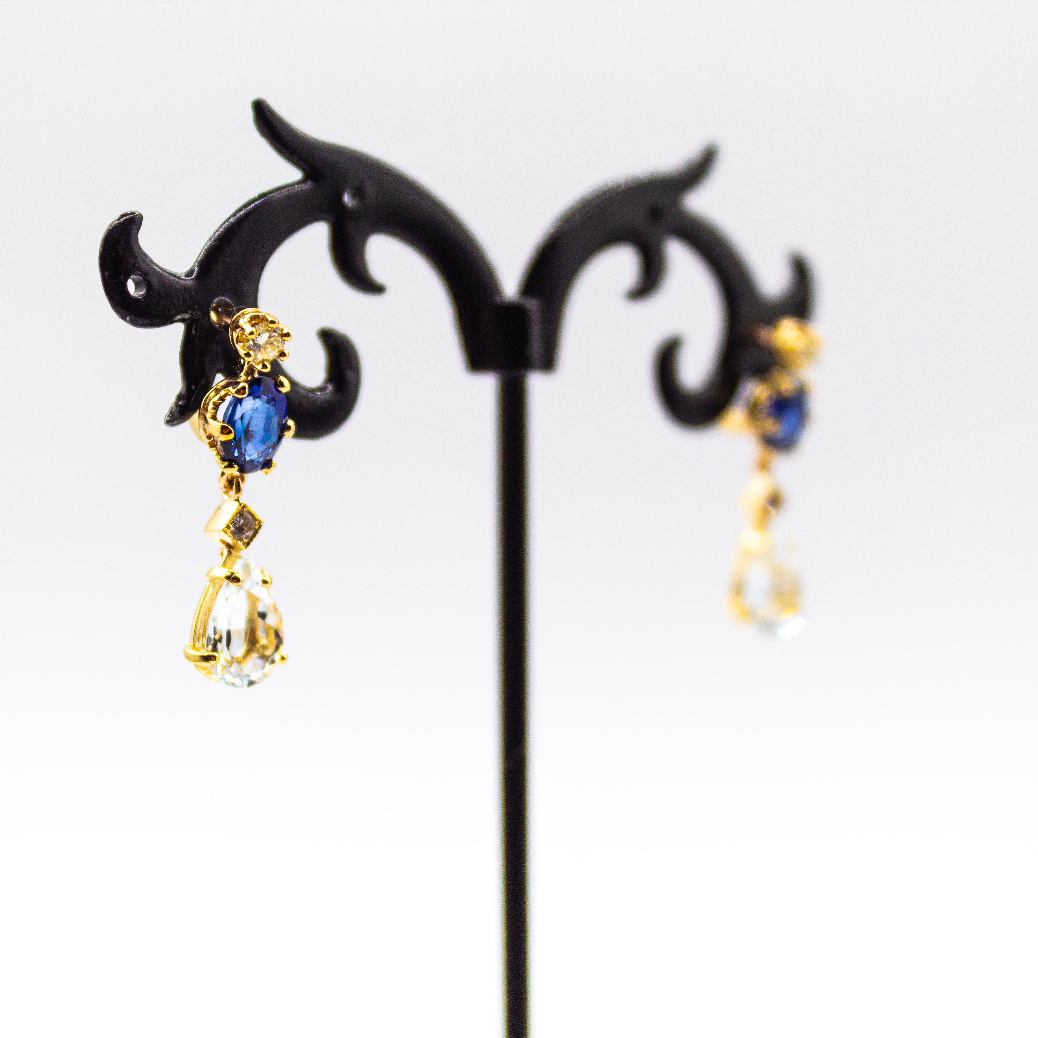 Pendientes de Oro Amarillo Estilo Art Nouveau Diamante Blanco Zafiro Azul Aguamarina Corte redondo en venta