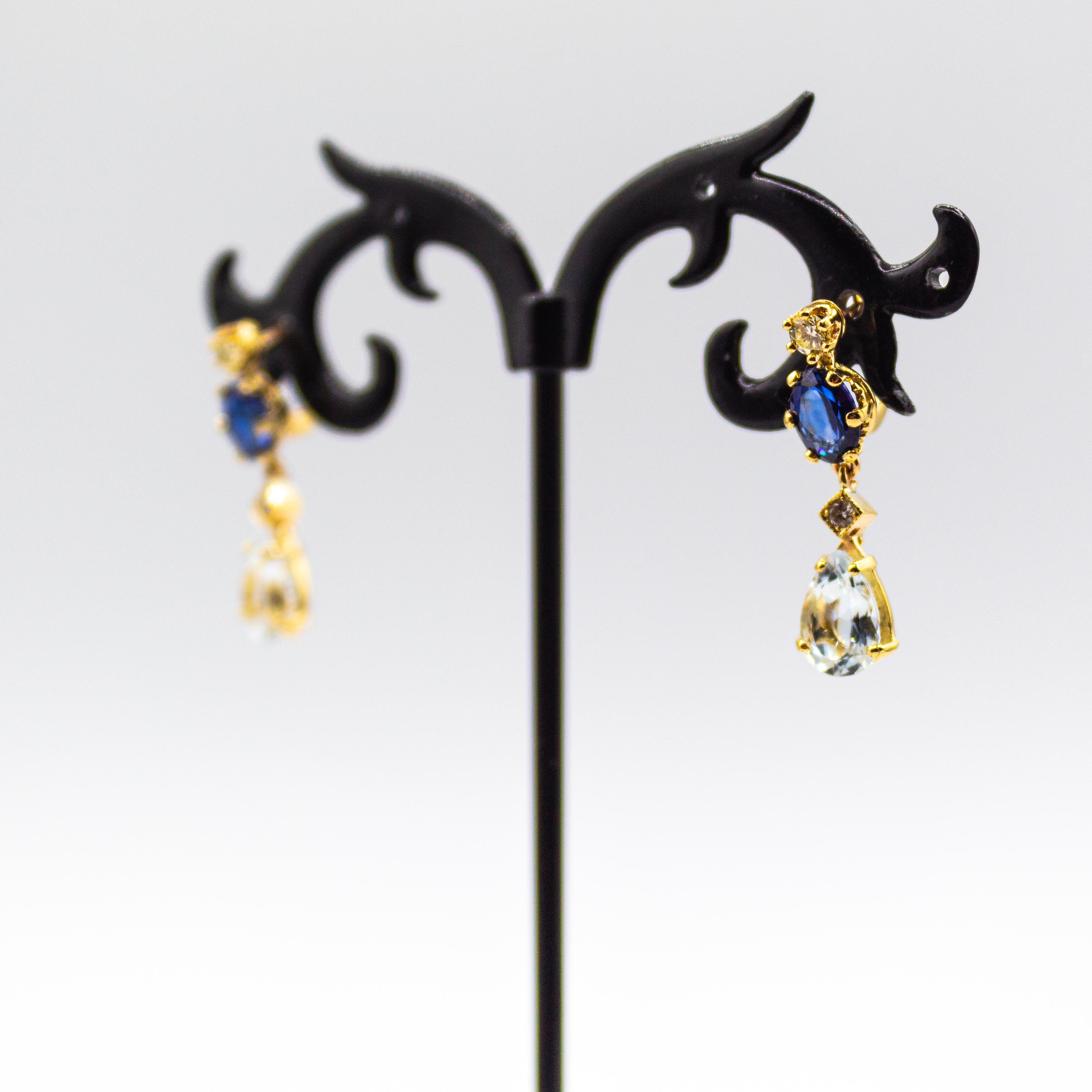 Femenino o masculino Pendientes de Oro Amarillo Estilo Art Nouveau Diamante Blanco Zafiro Azul Aguamarina en venta
