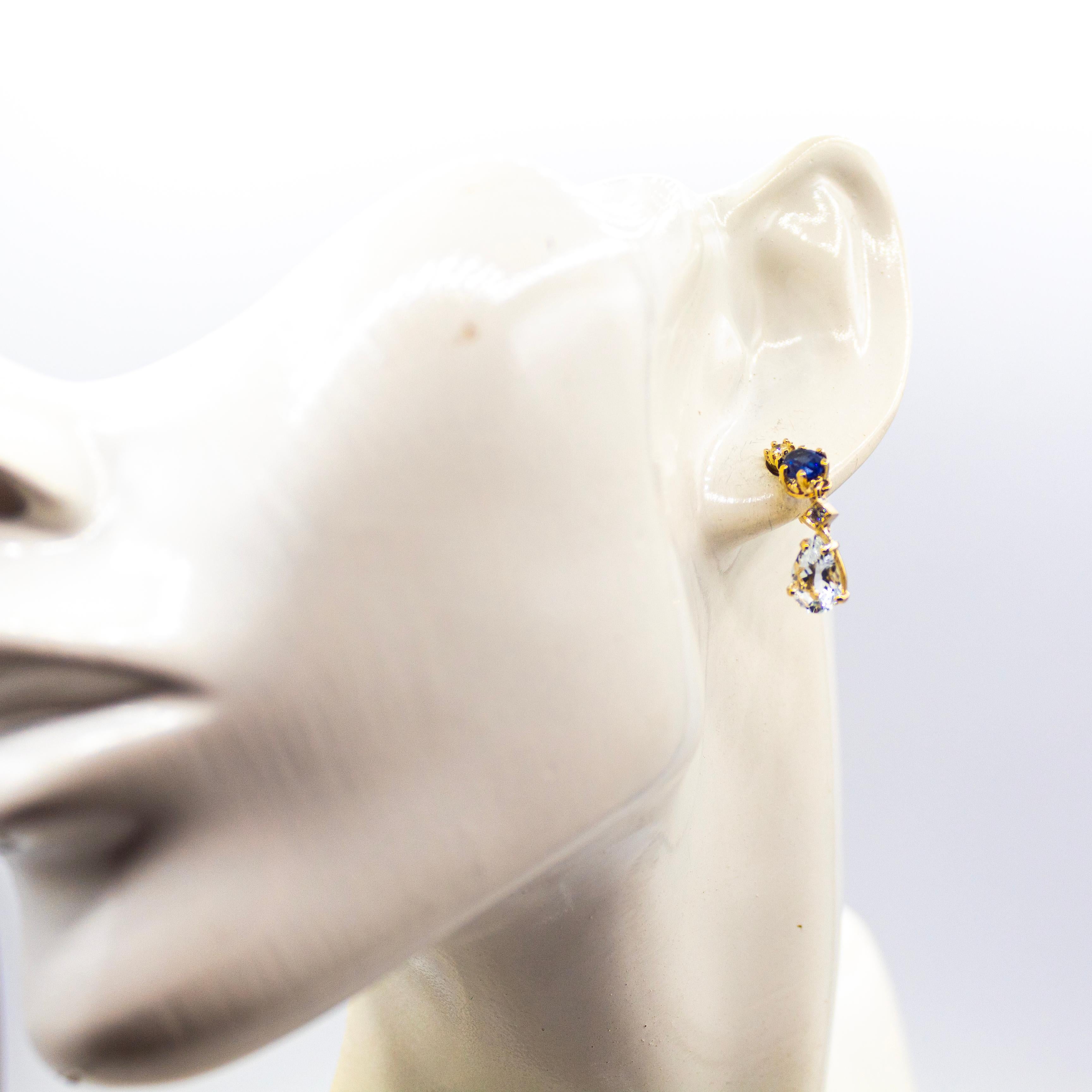 Pendientes de Oro Amarillo Estilo Art Nouveau Diamante Blanco Zafiro Azul Aguamarina en venta 1